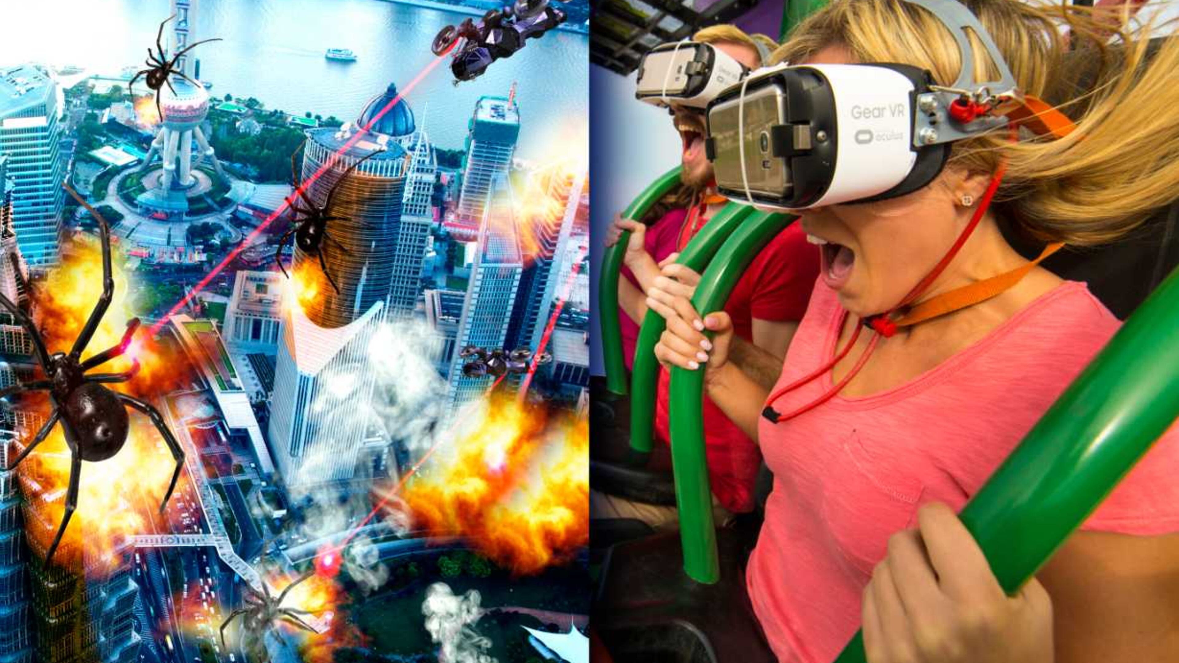 Here a split-screen view of the new Six Flags Over Georgia ride "Drop of Doom VR." The theme park franchise claims it is the country's first permanent drop tower VR attraction.