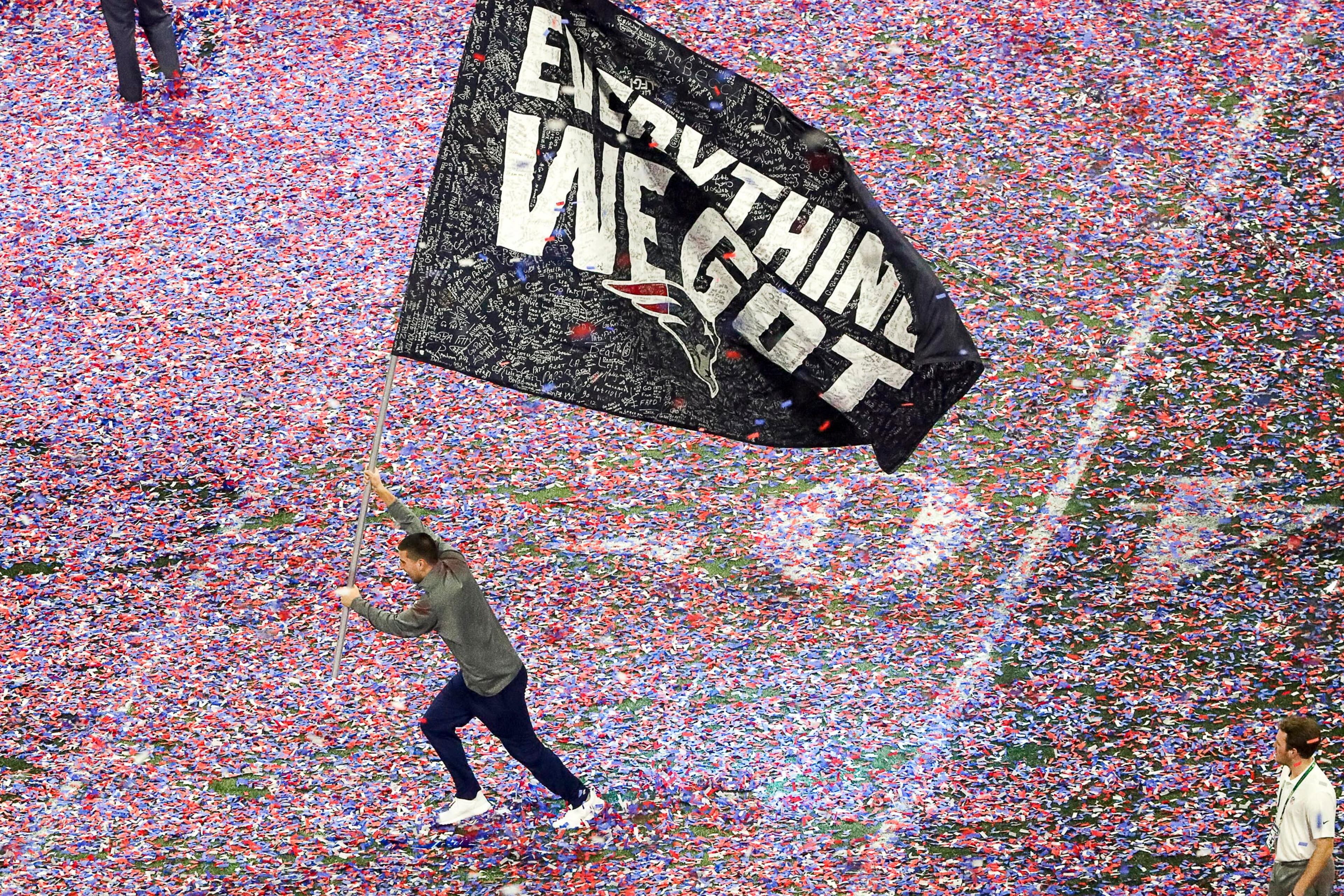 2/3/19 - Atlanta - Confetti falls along the field at Mercedes-Benz Stadium after the the New England Patriots defeated the Los Angeles Rams, 13-3, in Super Bowl LIII on Sunday, Feb. 3, 2019. (ALYSSA POINTER/ALYSSA.POINTER@AJC.COM)