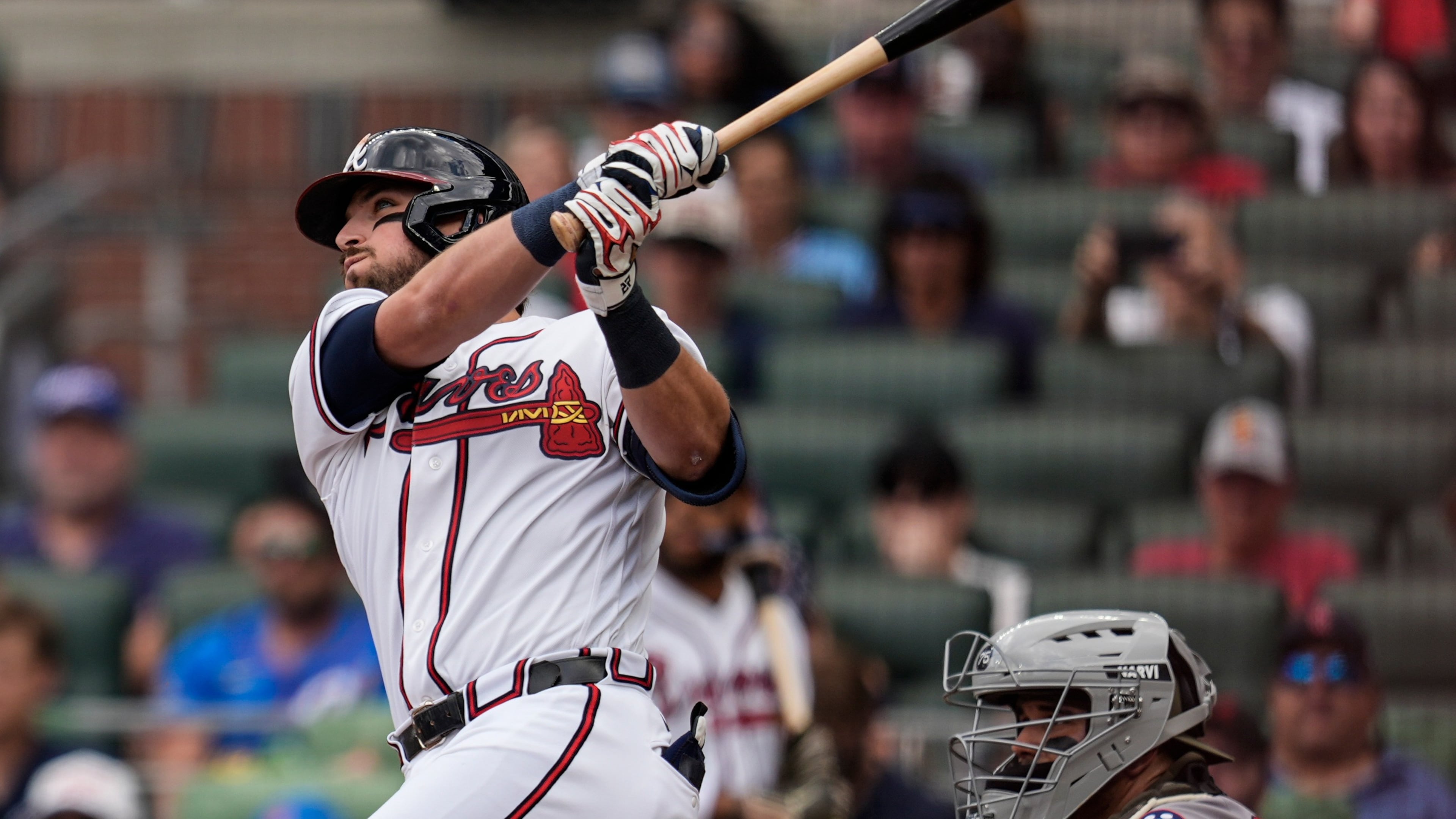 Atlanta Braves third baseman Austin Riley hits a three-run homer against the Boston Red Sox in the first inning of a baseball game, Sunday, May 17, 2026, in Atlanta. (AP Photo/Mike Stewart)