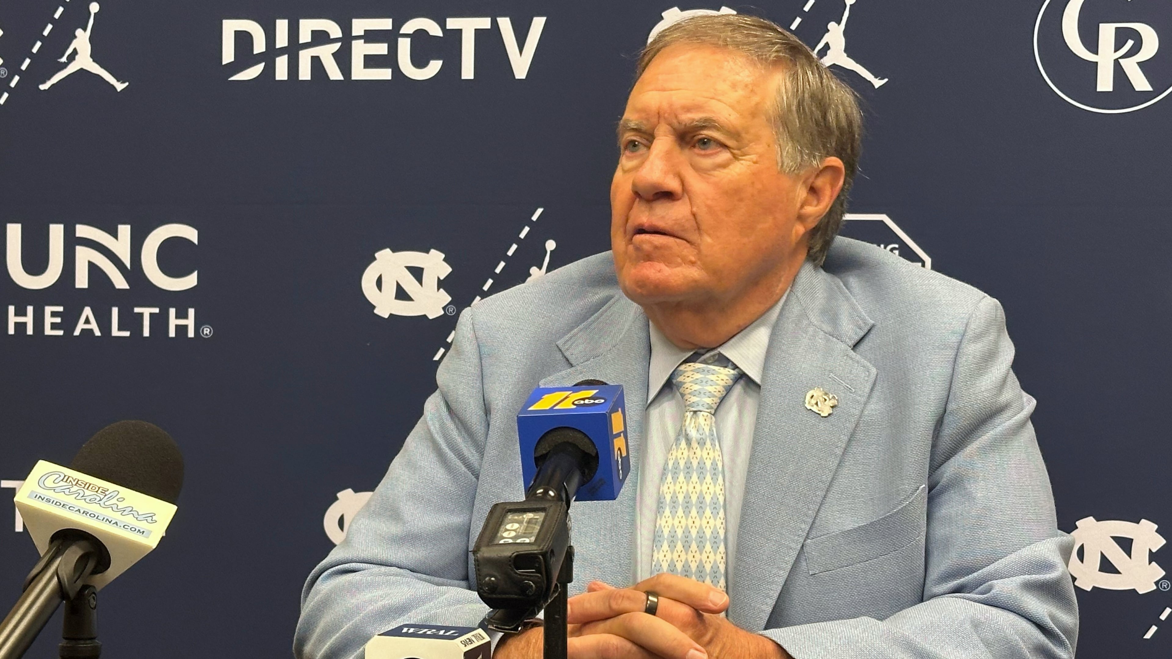 UNC coach Bill Belichick speaks during the ACC Kickoff preseason NCAA College football media day on Friday, July 17, 2026 in Charlotte, N.C. (AP Photo/Aaron Beard)