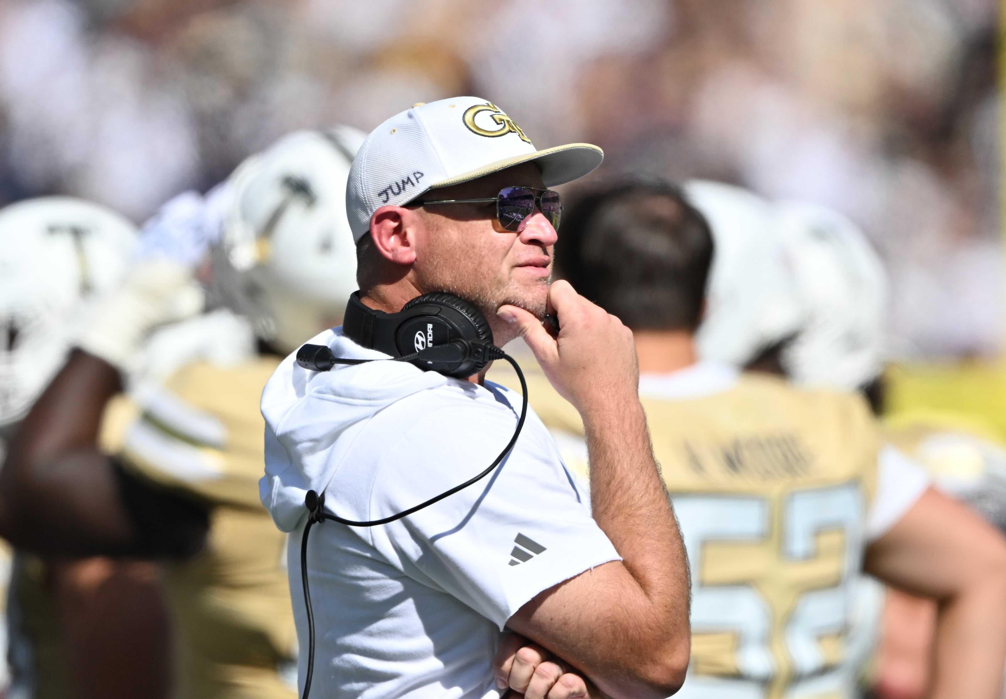 Georgia Tech head coach Brent Key reacts during the first half of an NCAA college football game at Bobby Dodd Stadium, Saturday, Oct. 25, 2025 in Atlanta. (Hyosub Shin/AJC)