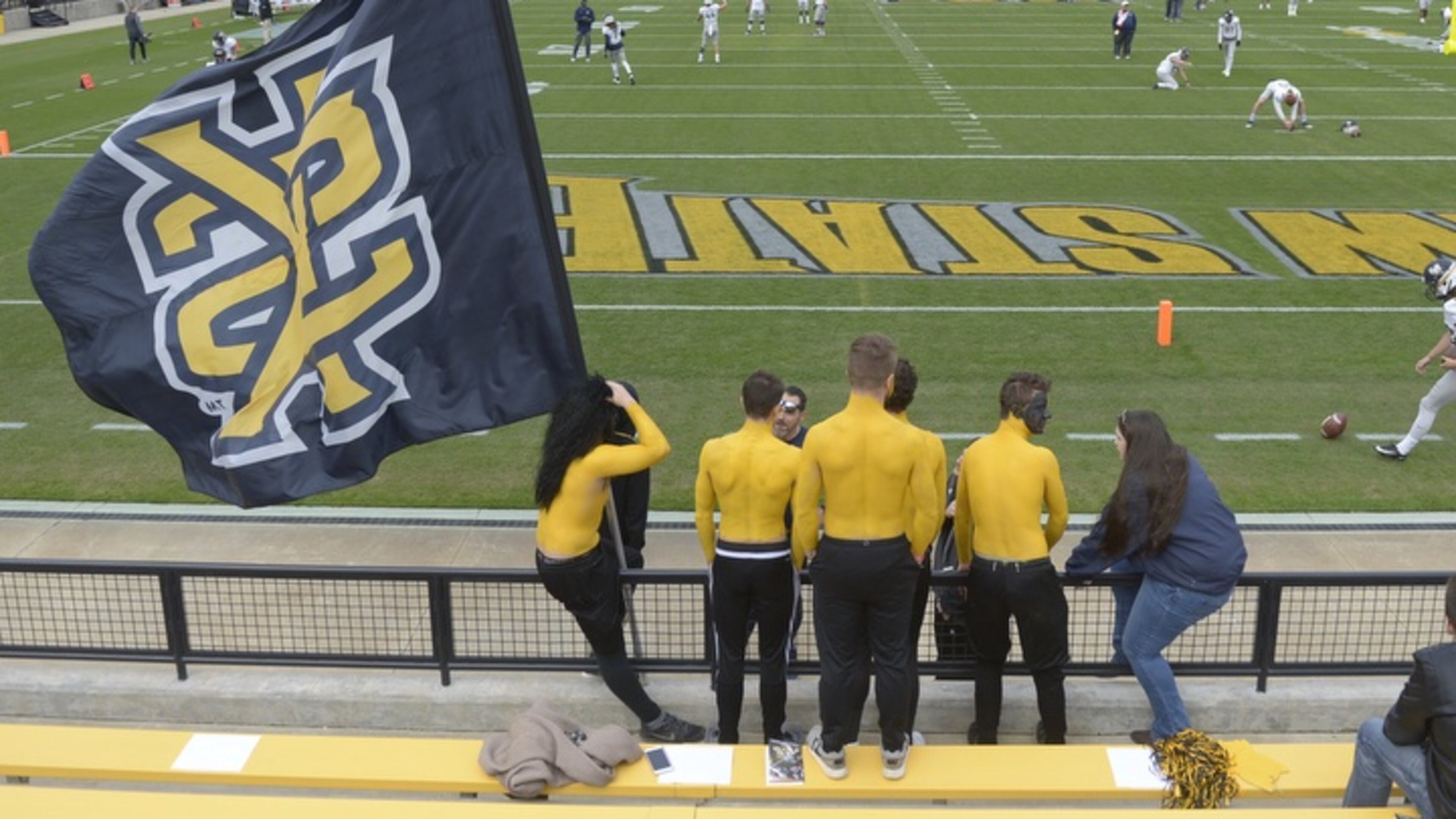 A Kennesaw State University flag flies in the south end zone prior to the start of an Owls’ football game last year. Kennesaw is the site of renewed debate about language and gender. File photo