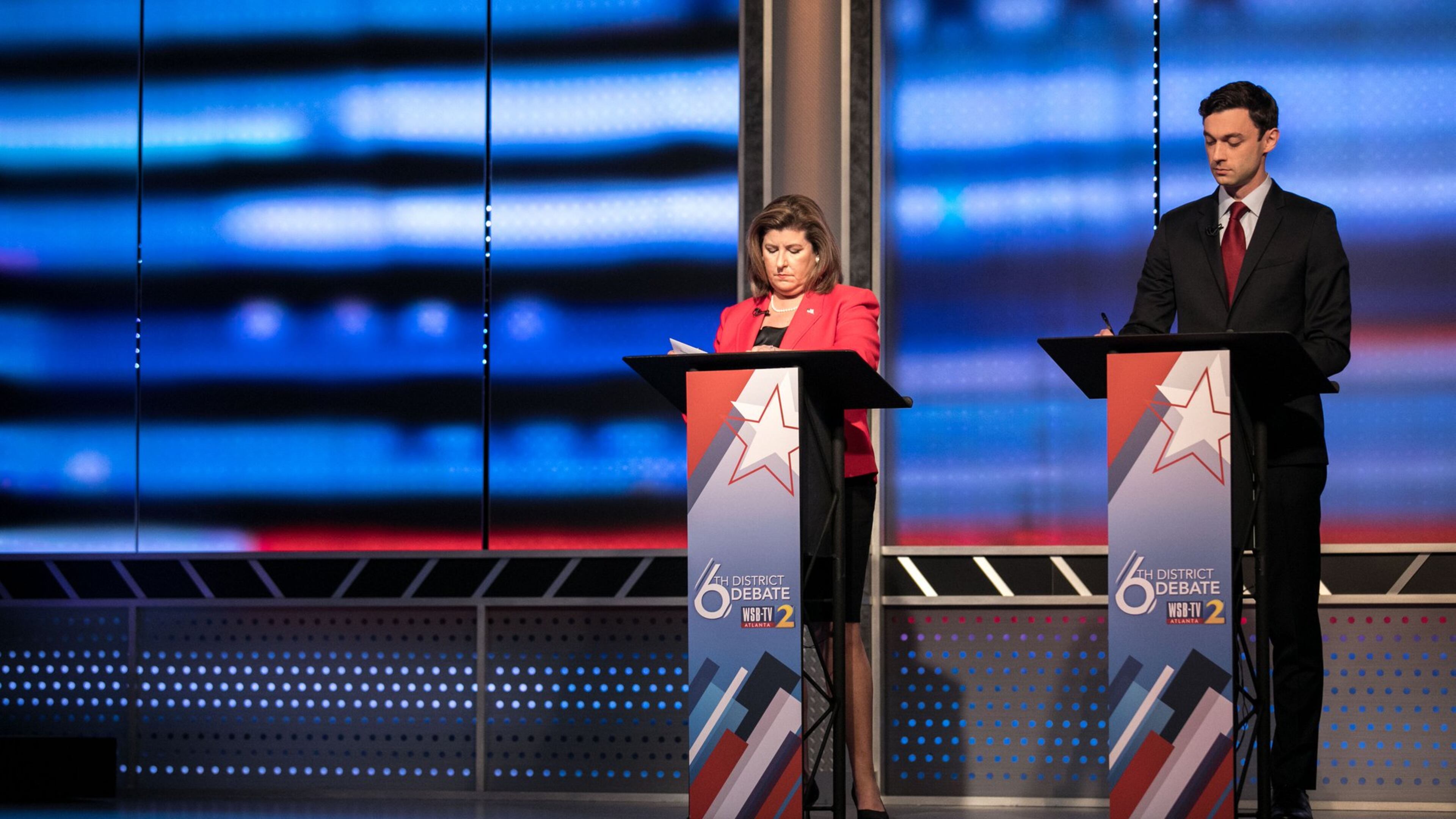 Republican Karen Handel and Democrat Jon Ossoff prepare to debate ahead the June 20 runoff for the 6th Congressional District seat, Tuesday, June 6, 2017, in Atlanta. BRANDEN CAMP/SPECIAL