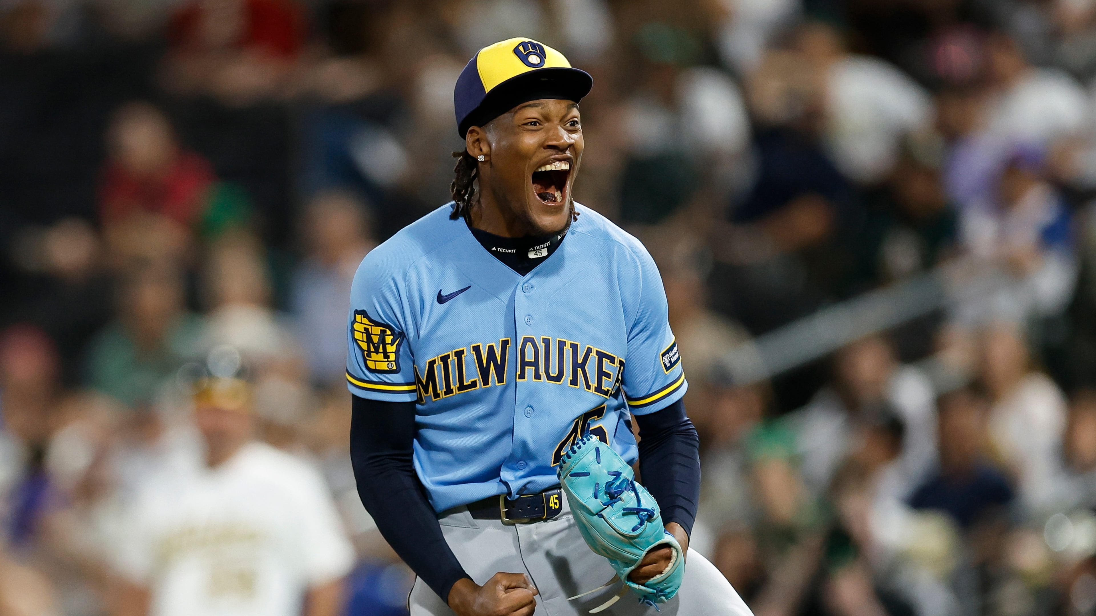 Milwaukee Brewers relief pitcher Abner Uribe (45) reacts after striking out the final batter to end the inning during the eleventh inning of a baseball game against the Athletics, Monday, June 8, 2026, in Las Vegas. (AP Photo/Caroline Brehman)