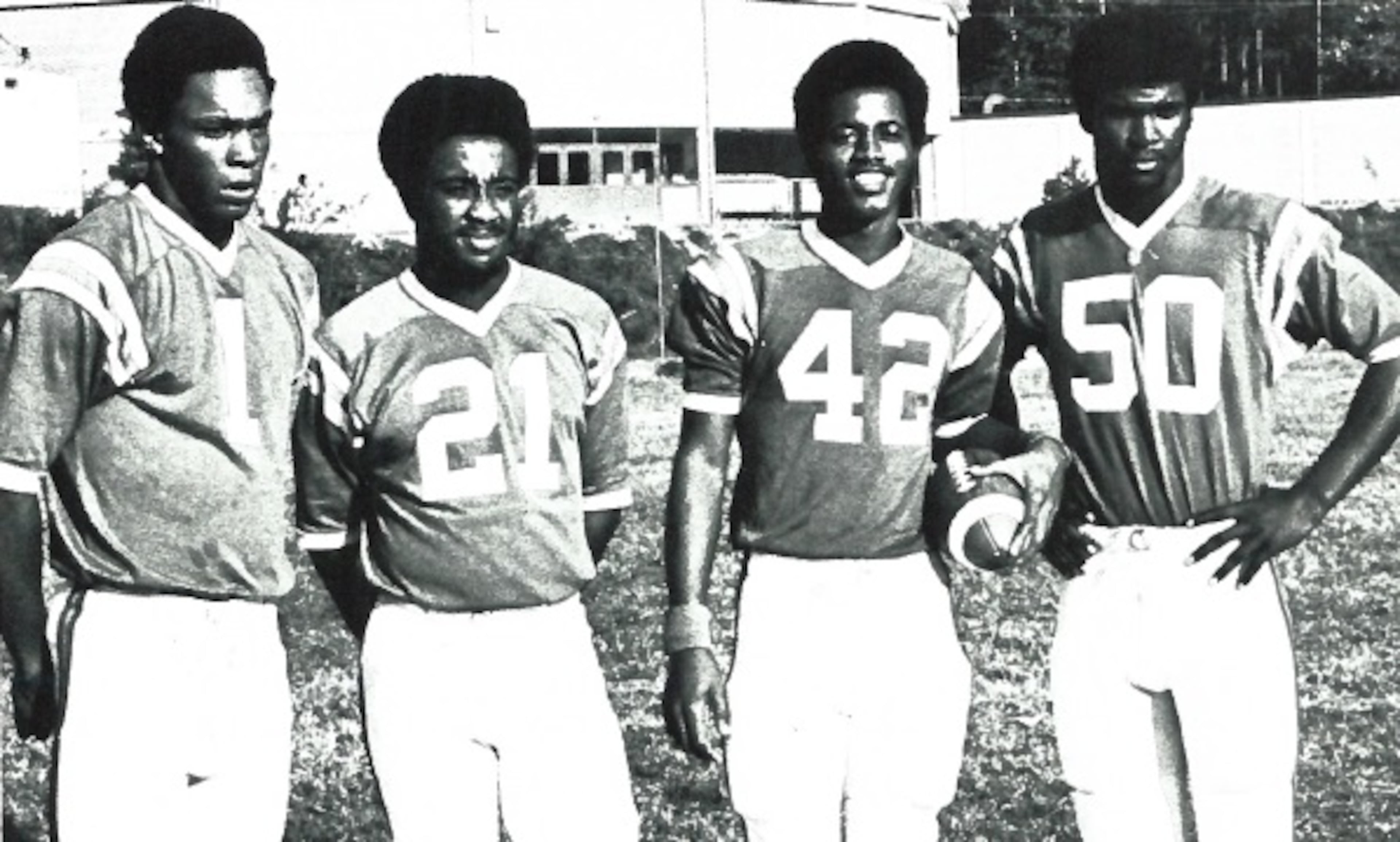 The first all-black football team to win a Georgia High School Association State Championship since the Atlanta schools were integrated in 1966 has received some long-overdue recognition.The 1973 “Wolves” of Southwest Atlanta High School have been awarded Atlanta Public Schools’ first Throwback Award. No Atlanta team has won a state football championship since, according to APS. Pictured: Team captains Anthony Flanagan, Brandon Fannin, Gene Wilson and Kent Mason. Anthony Terry is not pictured. Read the related story. (Yearbook photograph provided by Atlanta Public Schools.)