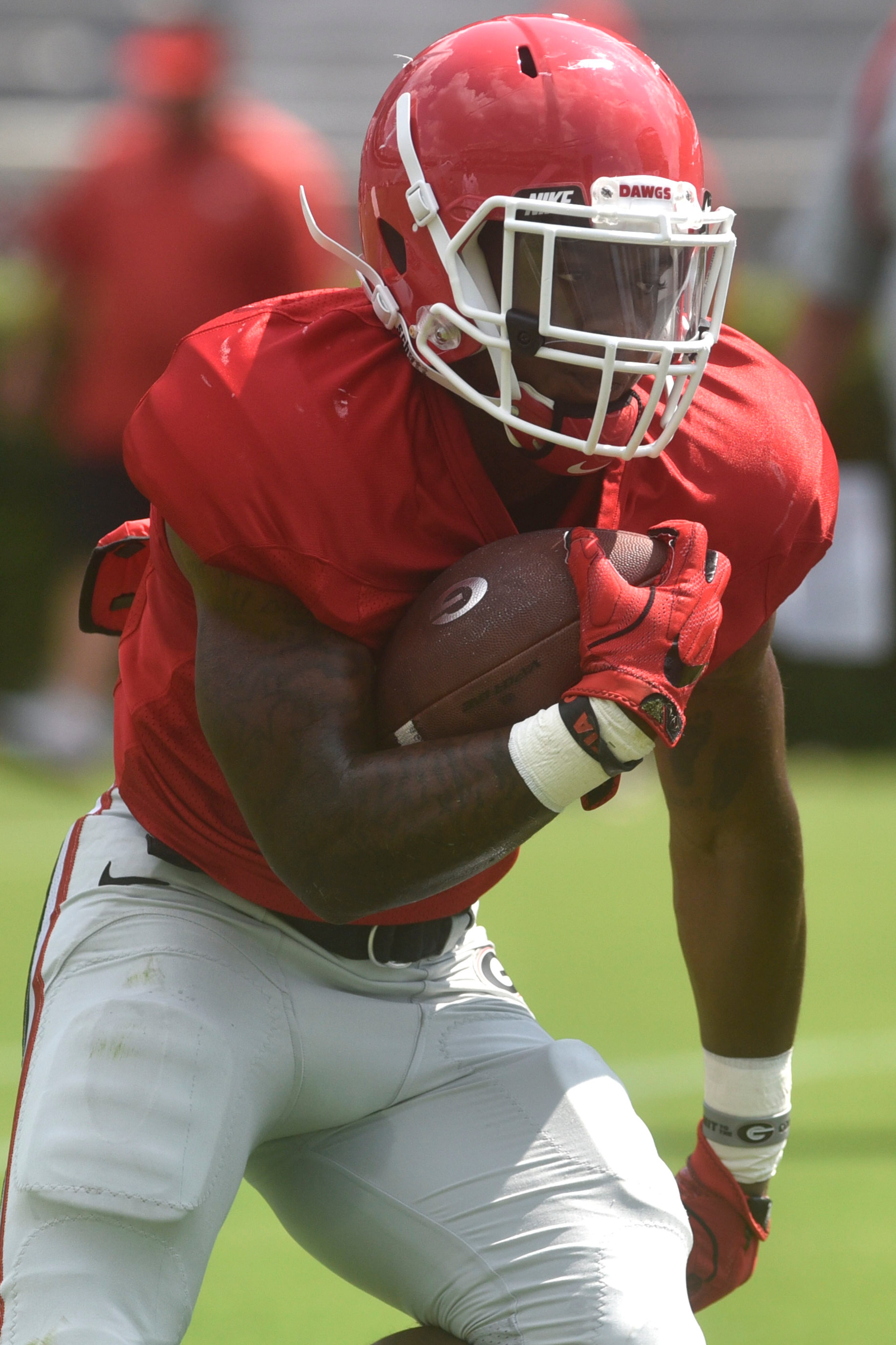 Georgia running back Brandon McMaster runs a drill during an open practice during the annual UGA Fan Day at Sanford Stadium on Saturday, Aug 5, 2017 in Athens, Ga.
(RICHARD HAMM)