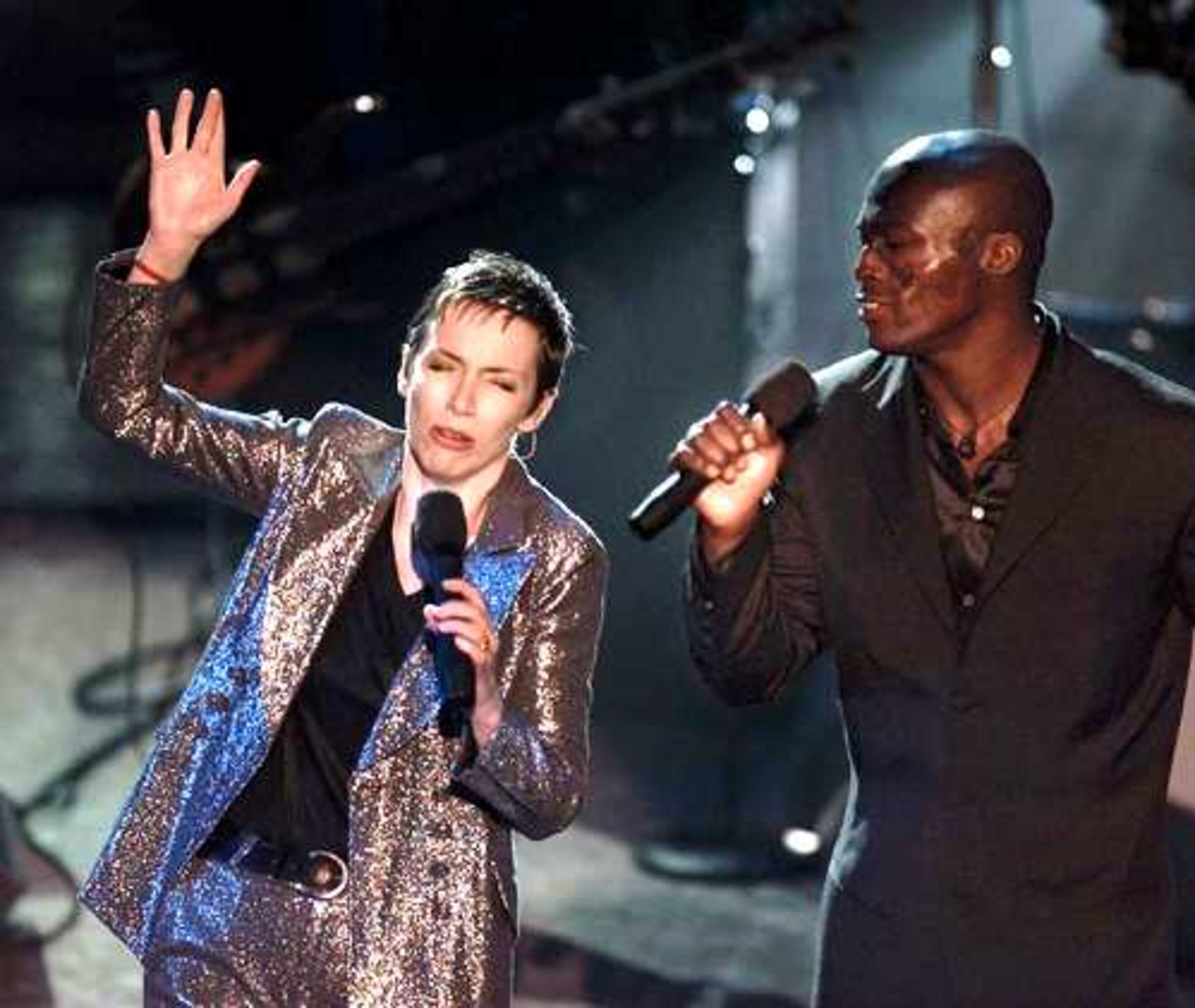 Grammy winners Annie Lennox and Seal perform during a tribute to Marvin Gaye at the 38th annual Grammy Awards in 1996. Lennox won Best Female Pop Vocal and Seal won three for Best Male Pop Vocal, Song of the Year and Record of the Year.