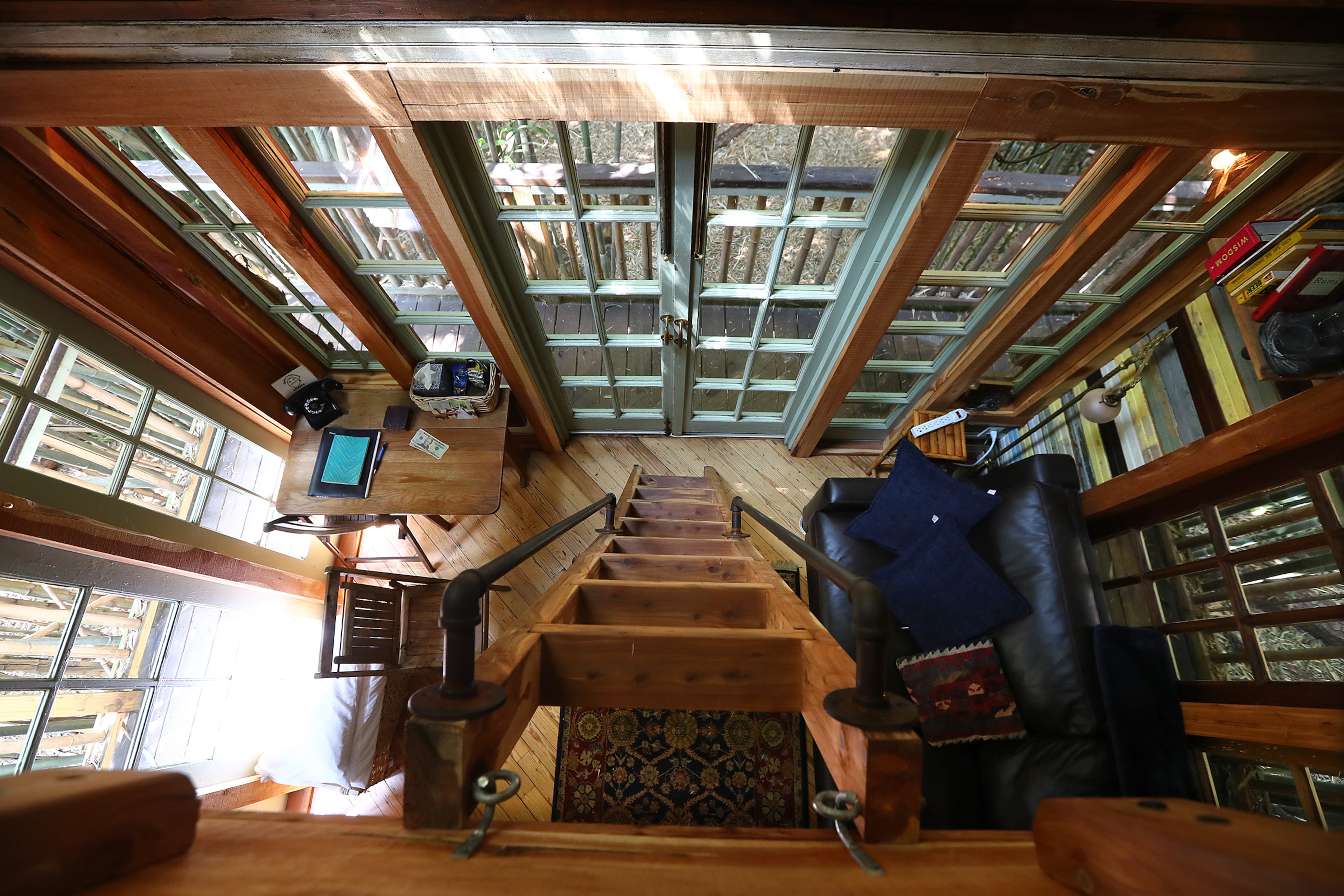 June 3, 2019 Atlanta: A ladder leads to the sleeping loft inside the alpaca treehouse Airbnb property on Monday, June 3, 2019, in Atlanta. Curtis Compton/ccompton@ajc.com