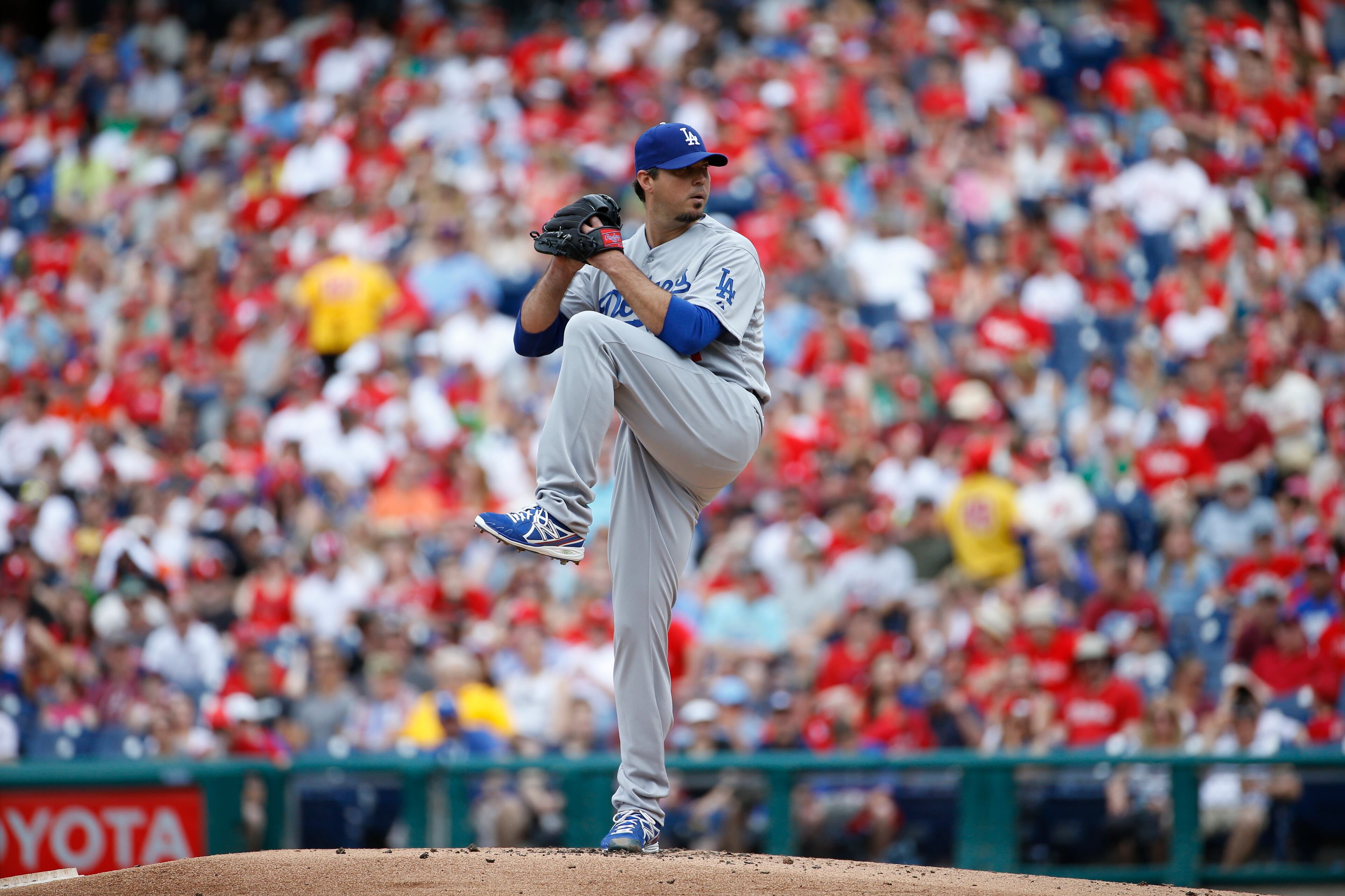 Los Angeles Dodgers' Josh Beckett pitches during his no-hitter baseball game against the Philadelphia Phillies, Sunday, May 25, 2014, in Philadelphia. Los Angeles won 6-0. (AP Photo/Matt Slocum)