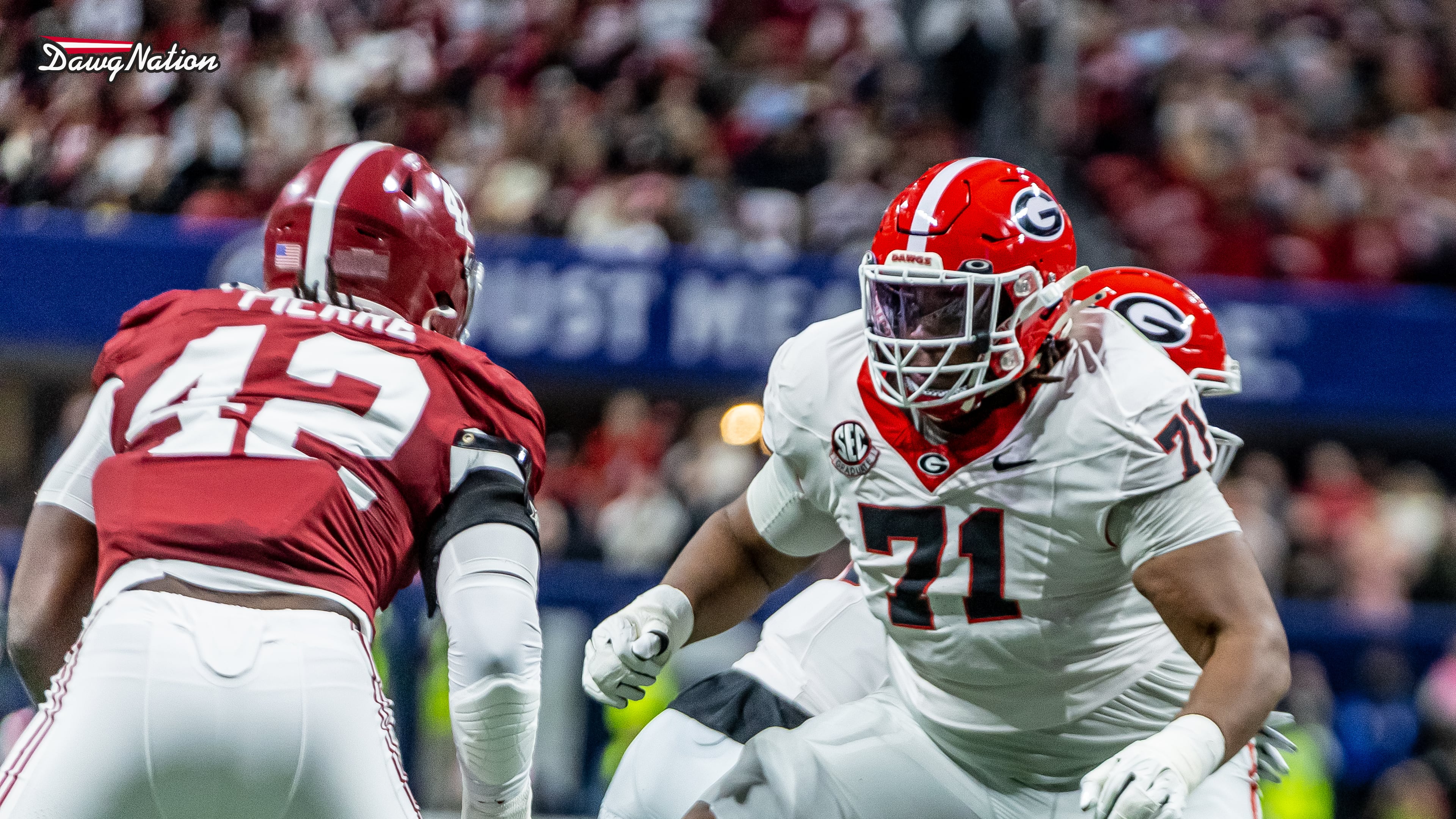 Georgia redshirt junior OT Earnest Greene III was a key factor in the 28-7 SEC Championship Game victory against Alabama on Saturday, December 6, 2025, at Mercedes-Benz Stadium in Atlanta. Georgia. (Jeff Sentell/DawgNation)