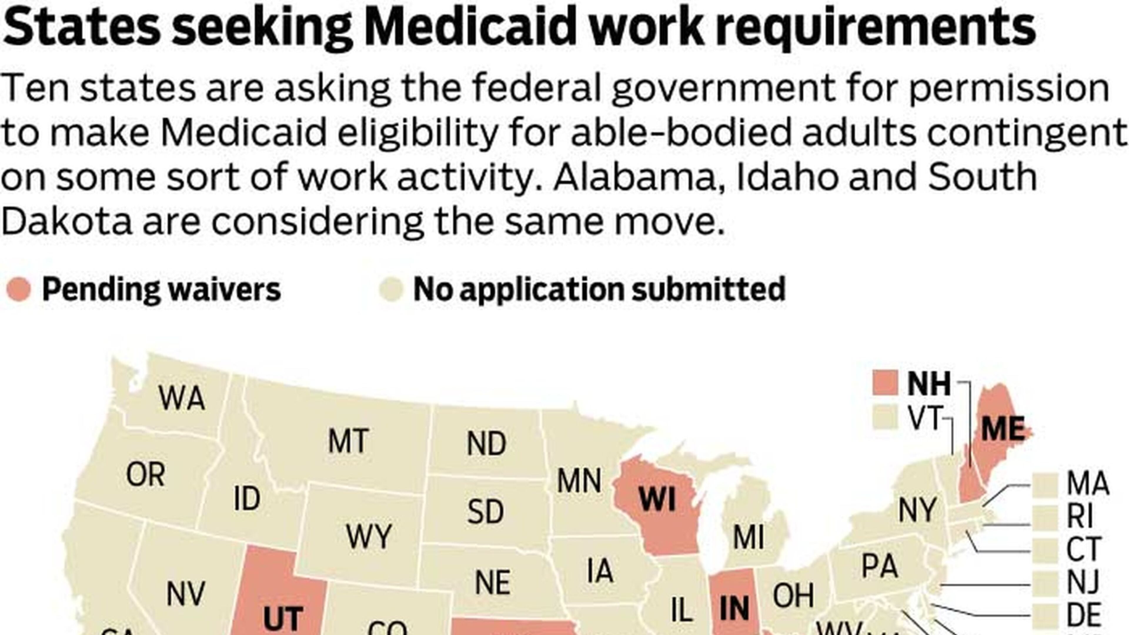 The Trump administration issued guidance to states early Thursday that will allow them to compel people to work or prepare for jobs in order to receive Medicaid for the first time in the half-century history of this pillar of the nation’s social safety net. The letter to state Medicaid directors opens the door for states to cut off Medicaid benefits to Americans unless they have a job, are in school, are a caregiver, volunteer or participate in other approved forms of “community engagement” — an idea that some states had broached over the past several years but that the Obama administration had consistently rebuffed. The new policy comes as 10 states are already lined up, waiting for federal permission to impose work requirements on able-bodied adults in the program. Three other states are contemplating them. (MAP by The Washington Post)