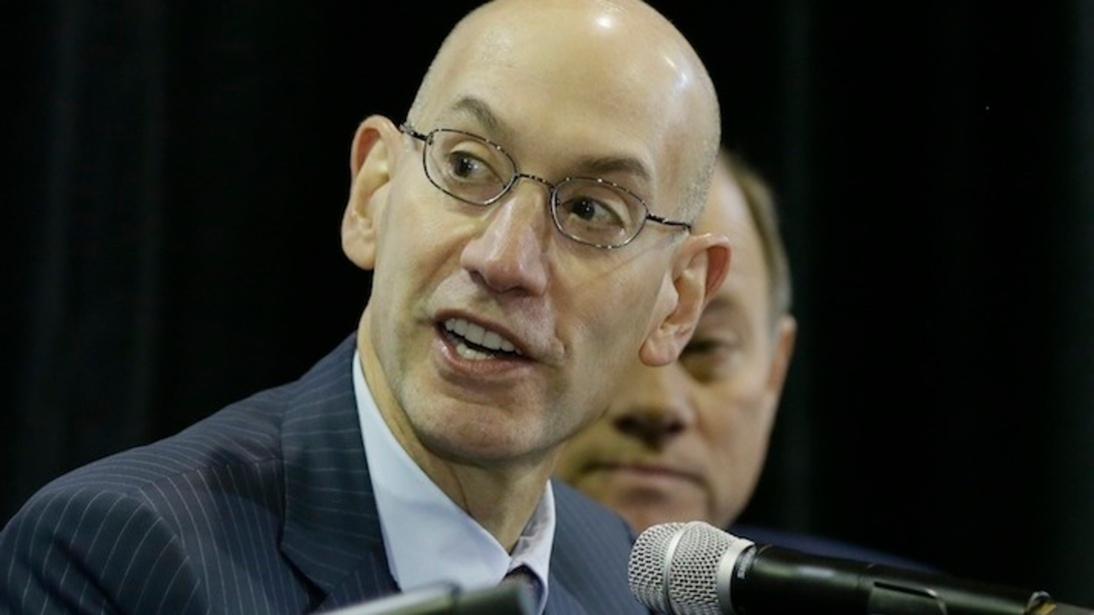 National Basketball Association commissioner Adam Silver, addresses the media at the S.A.Y. Detroit Play Center, Monday, Jan. 18, 2016 in Detroit. The Pistons are helping support a former city of Detroit recreation center that's being revived with help from Detroit Lions quarterback Matthew Stafford and best-selling author Mitch Albom. Gores announced a $600,000 pledge over six years. The basketball court will be renovated and renamed "Detroit Pistons Court." (AP Photo/Carlos Osorio)