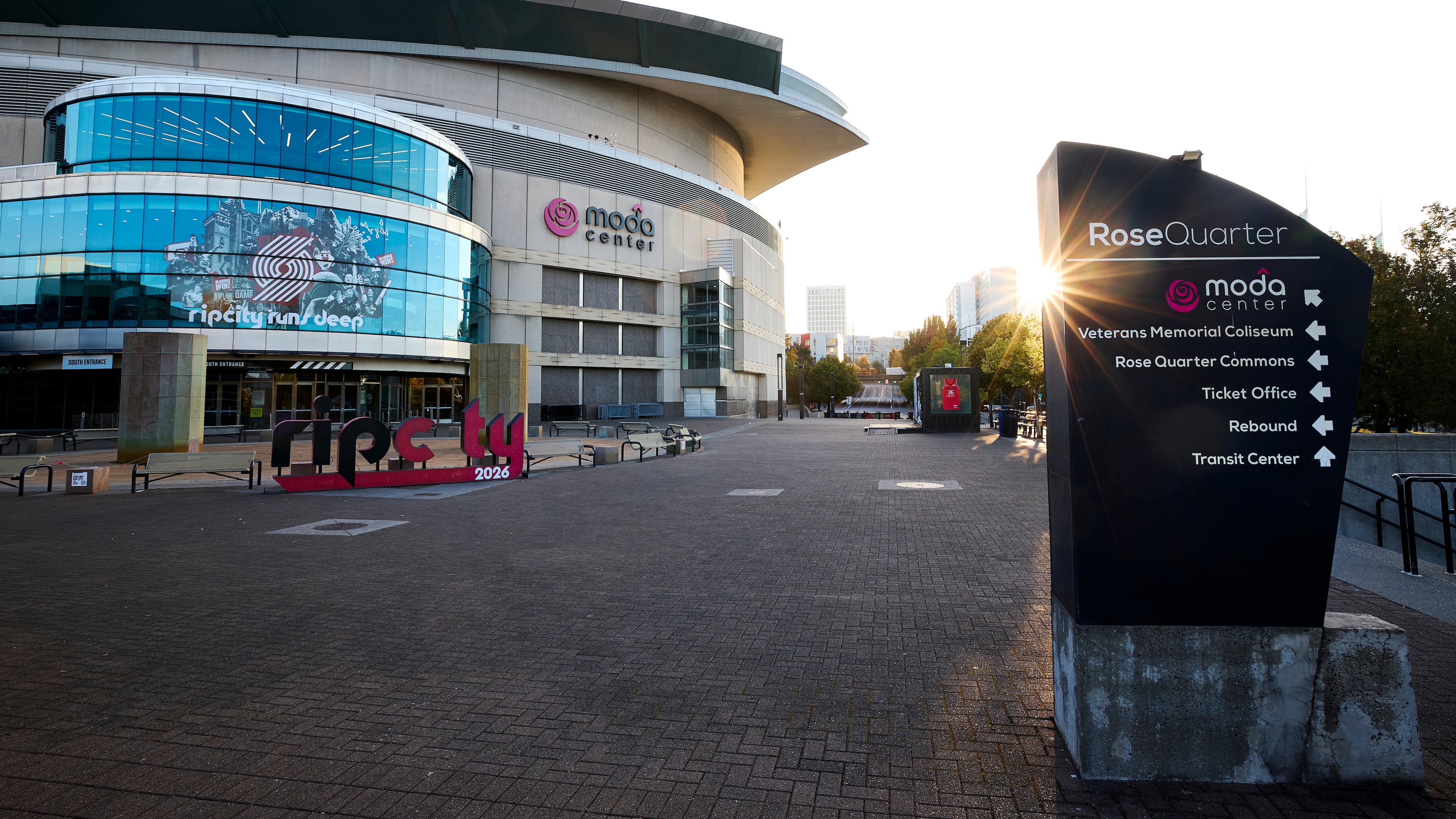 The Moda Center, home of the Portland Trail Blazers, is seen before the NBA basketball team's media day in Portland, Ore., Monday, Sept. 28, 2026. (AP Photo/Craig Mitchelldyer)