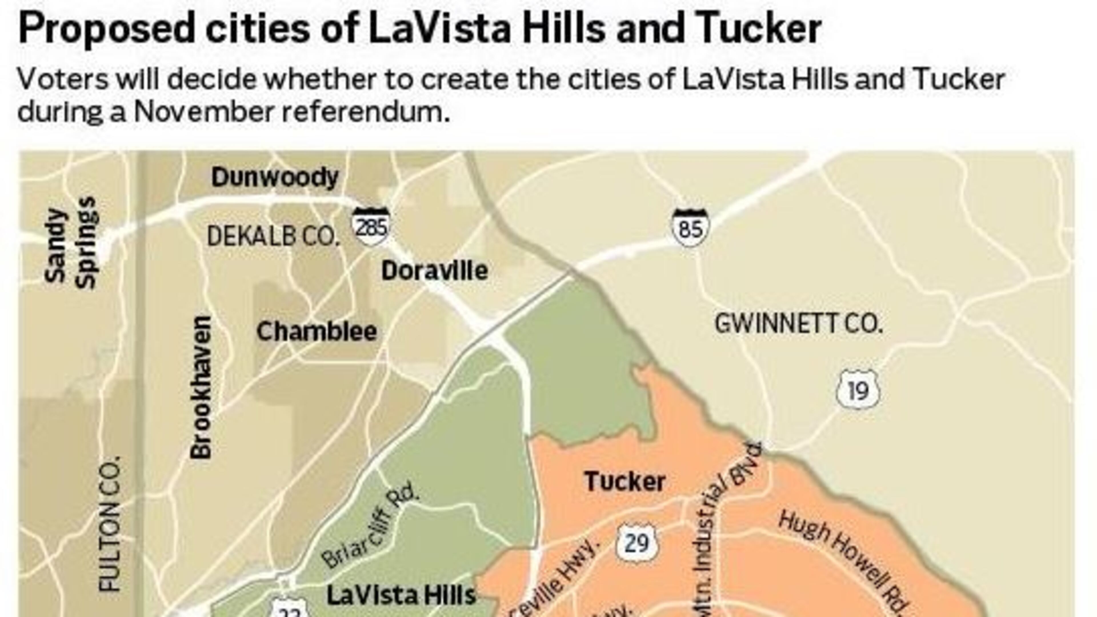A referendum will be held in November to determine whether LaVista Hills and Tucker will incorporate.