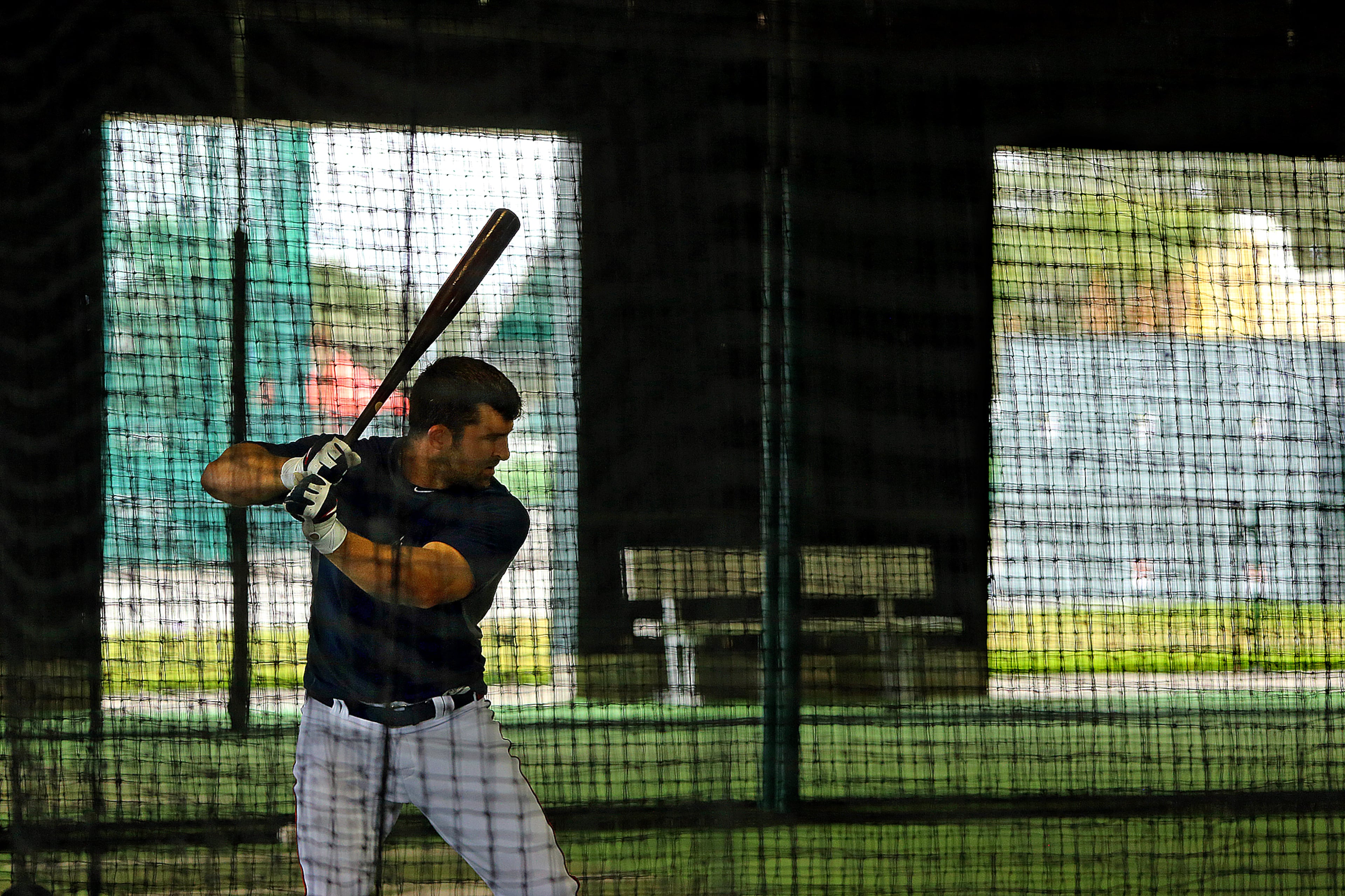 Dan Uggla takes batting practice on Friday, Feb. 21, 2014, in Lake Buena Vista, FL. CURTIS COMPTON / CCOMPTON@AJC.COM