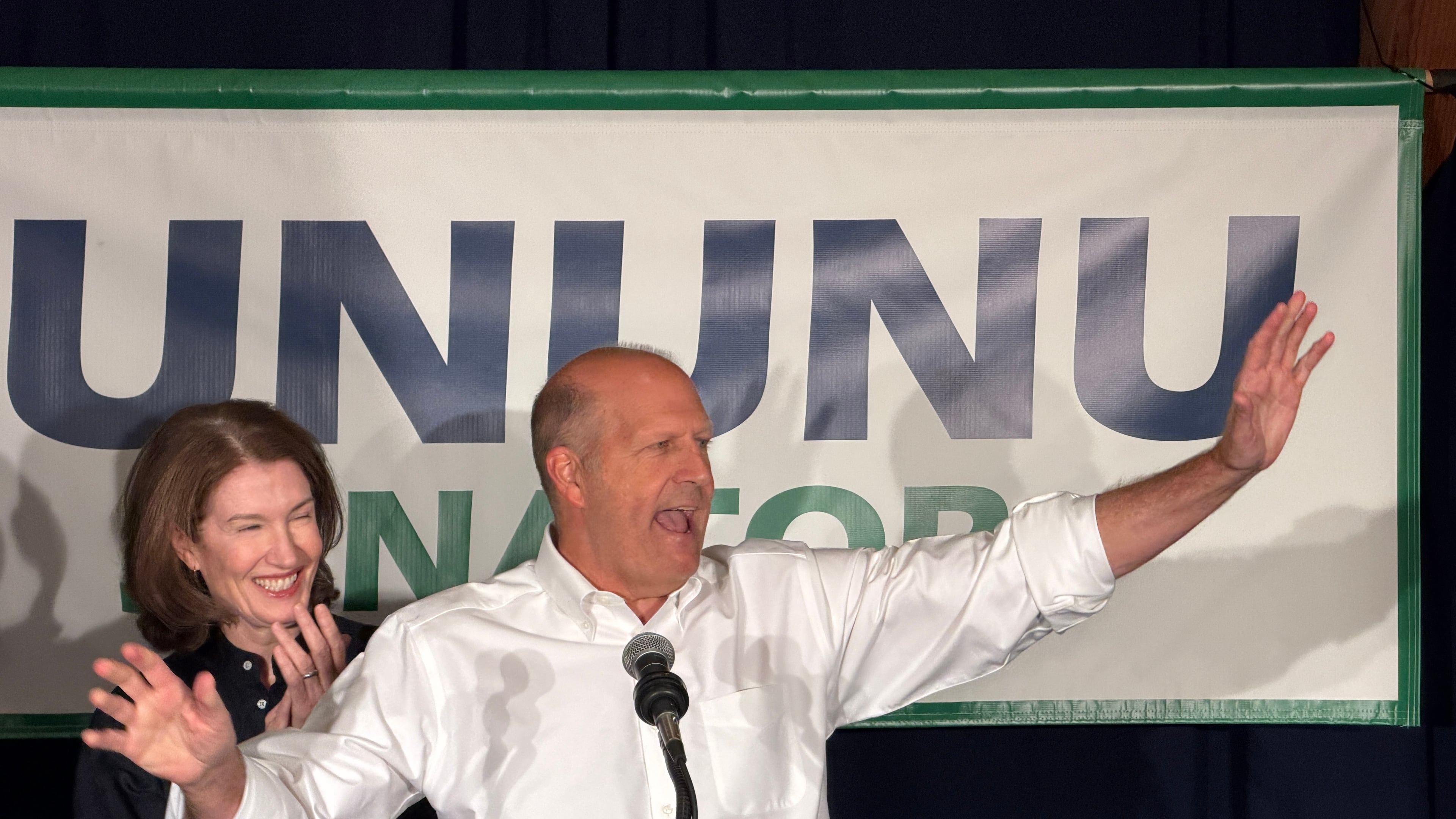 Republican U.S. Senate nominee John E. Sununu gesturing while addressing supporters in Manchester, N.H., on Tuesday, Sept. 8, 2026, shortly after winning his party's primary election. (AP Photo/Rodrique Ngowi)