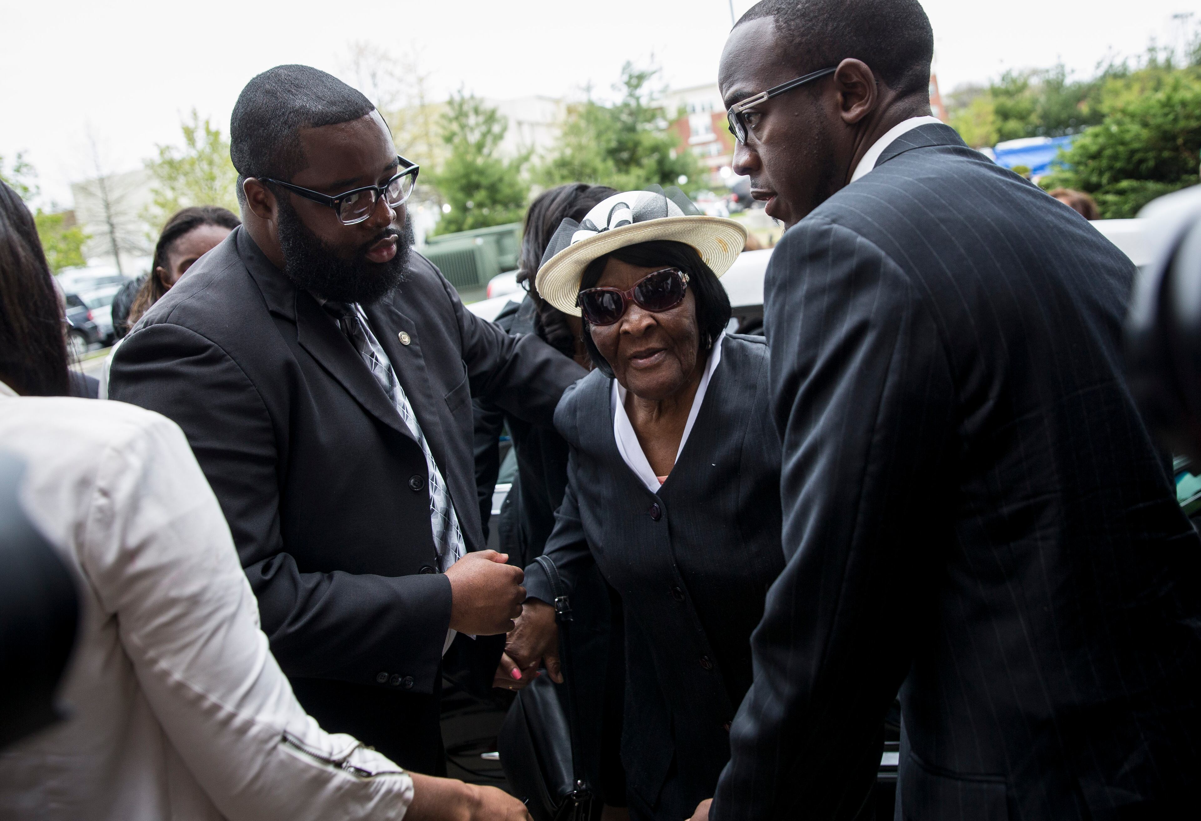 BALTIMORE, MD - APRIL 27: Family members of Freddie Gray arrive at New Shiloh Baptist Church for the funeral service, April 27, 2015 in Baltimore, Maryland. Gray, 25, was arrested for possessing a switch blade knife April 12 outside the Gilmor Homes housing project on Baltimore's west side. According to his attorney, Gray died a week later in the hospital from a severe spinal cord injury he received while in police custody. (Drew Angerer/Getty Images)