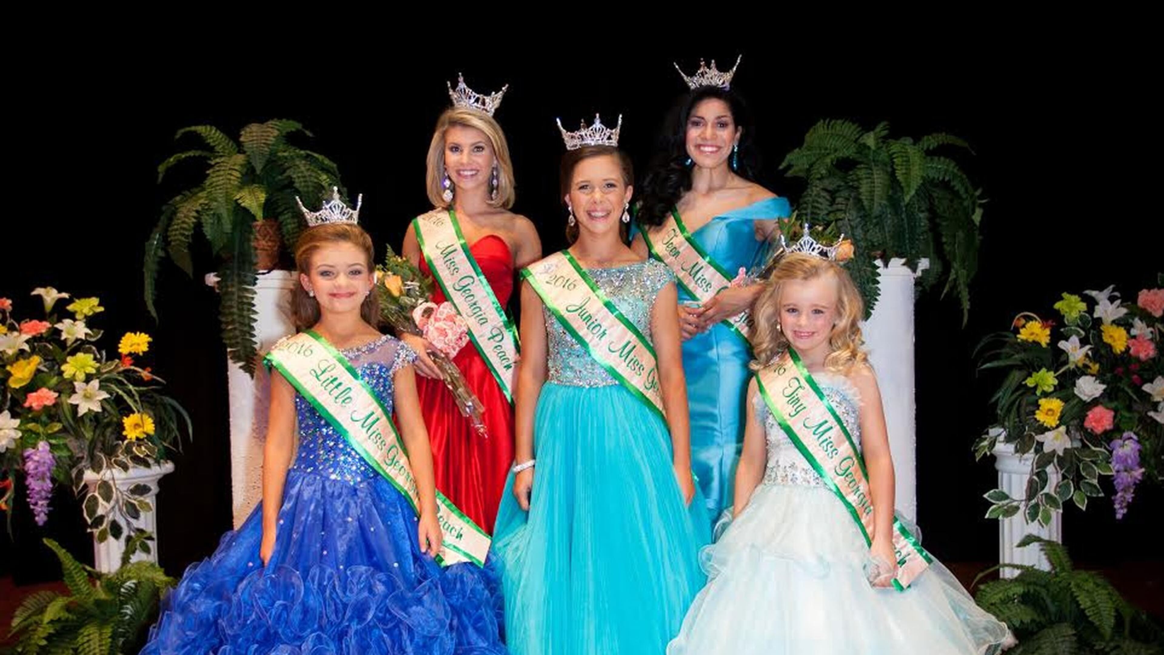 (Left to right) India Margaret Cheek of Hawkinsville – Little Miss Georgia Peach; Lizzy Stanford of Cuthbert – Miss Georgia Peach; Averi Lauren Smith of Americus – Junior Miss Georgia Peach; Ashley Moore of Oglethorpe – Teen Miss Georgia Peach; and Bella Grace Sanders of Forsyth - Tiny Miss Georgia Peach. These ladies are the 2016 Miss Georgia Peach Queens.