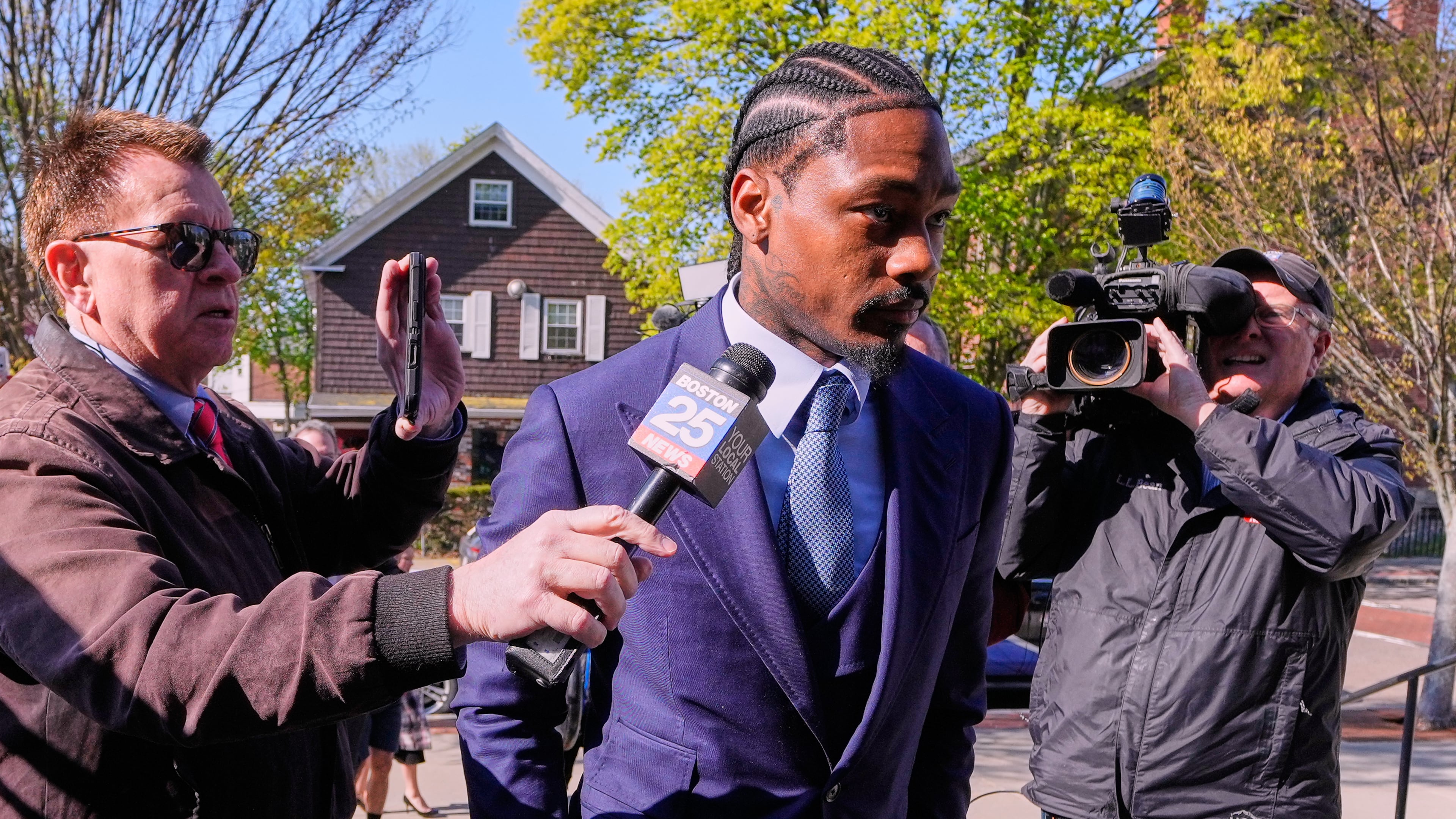 Former New England Patriots wide receiver Stefon Diggs arrives at Norfolk County District Court, Monday, May 4, 2026, in Dedham, Mass. (AP Photo/Charles Krupa)