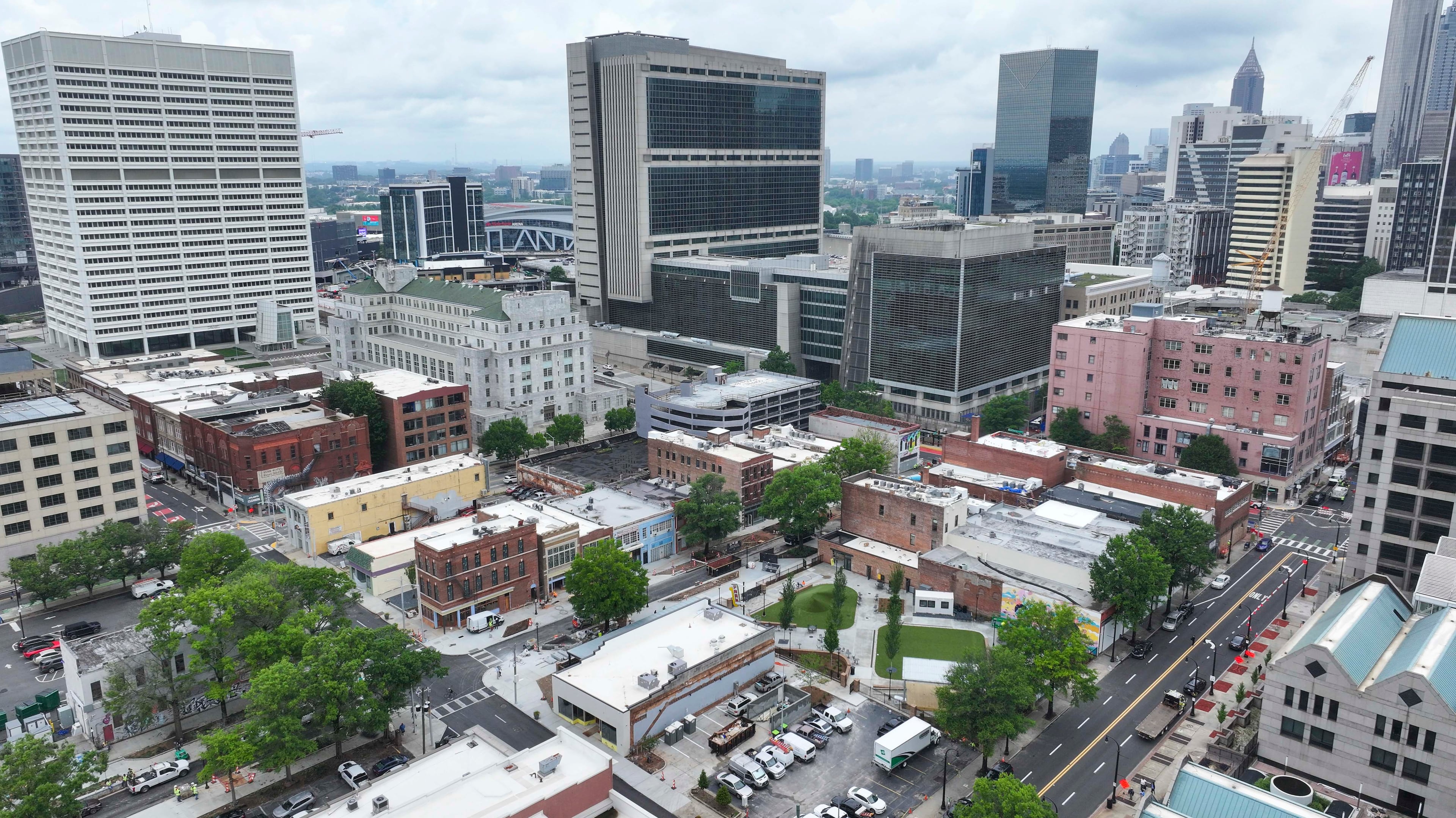 An aerial image shows South Downtown, where numerous local businesses are being revitalized across 16 acres and more than 50 buildings. This project represents the largest collection of historic real estate assets in Atlanta, making it one of the most ambitious downtown initiatives. (Miguel Martinez/AJC)