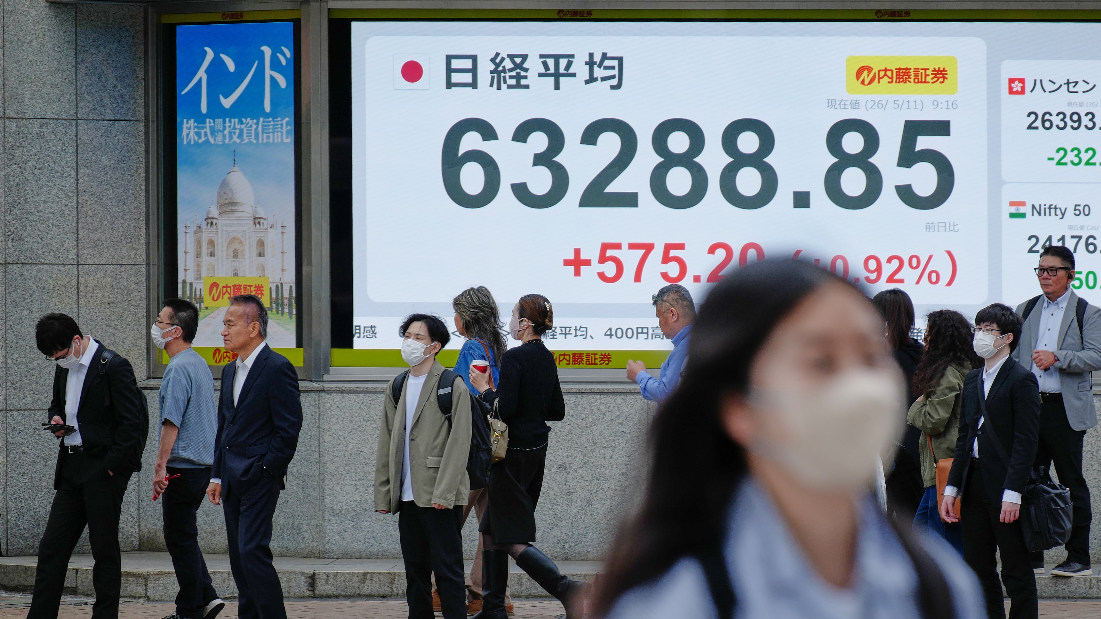 People stand in front of an electronic stock board showing Japan's Nikkei index at a securities firm Monday, May 11, 2026, in Tokyo. (AP Photo/Eugene Hoshiko)