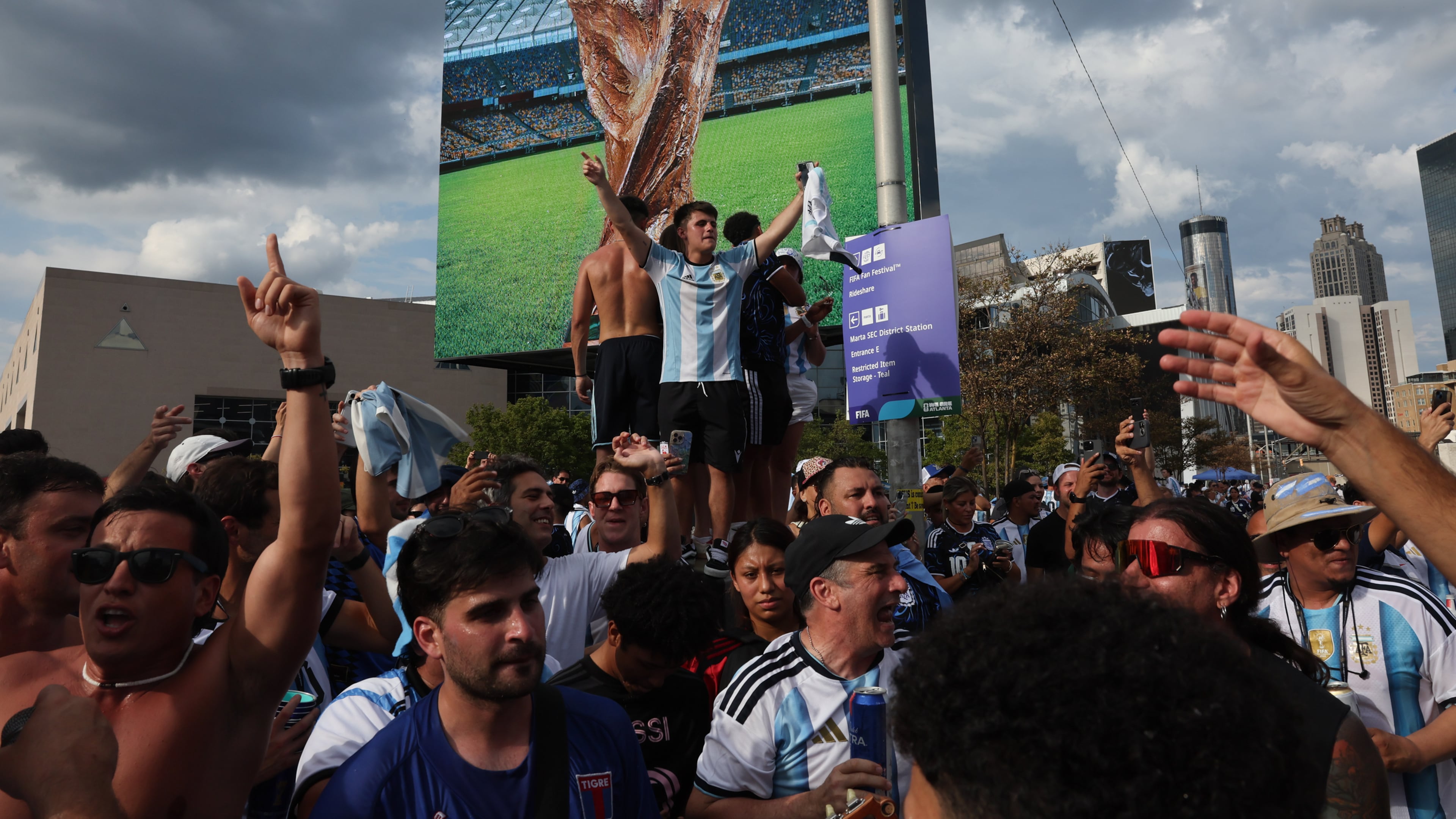 Argentina fans celebrate outside Atlanta Stadium (Mercedes-Benz Stadium) after Argentina won the FIFA World Cup game between England and Argentina in Atlanta on July 15, 2026. Argentina won 2-1. (Arvin Temkar/AJC)