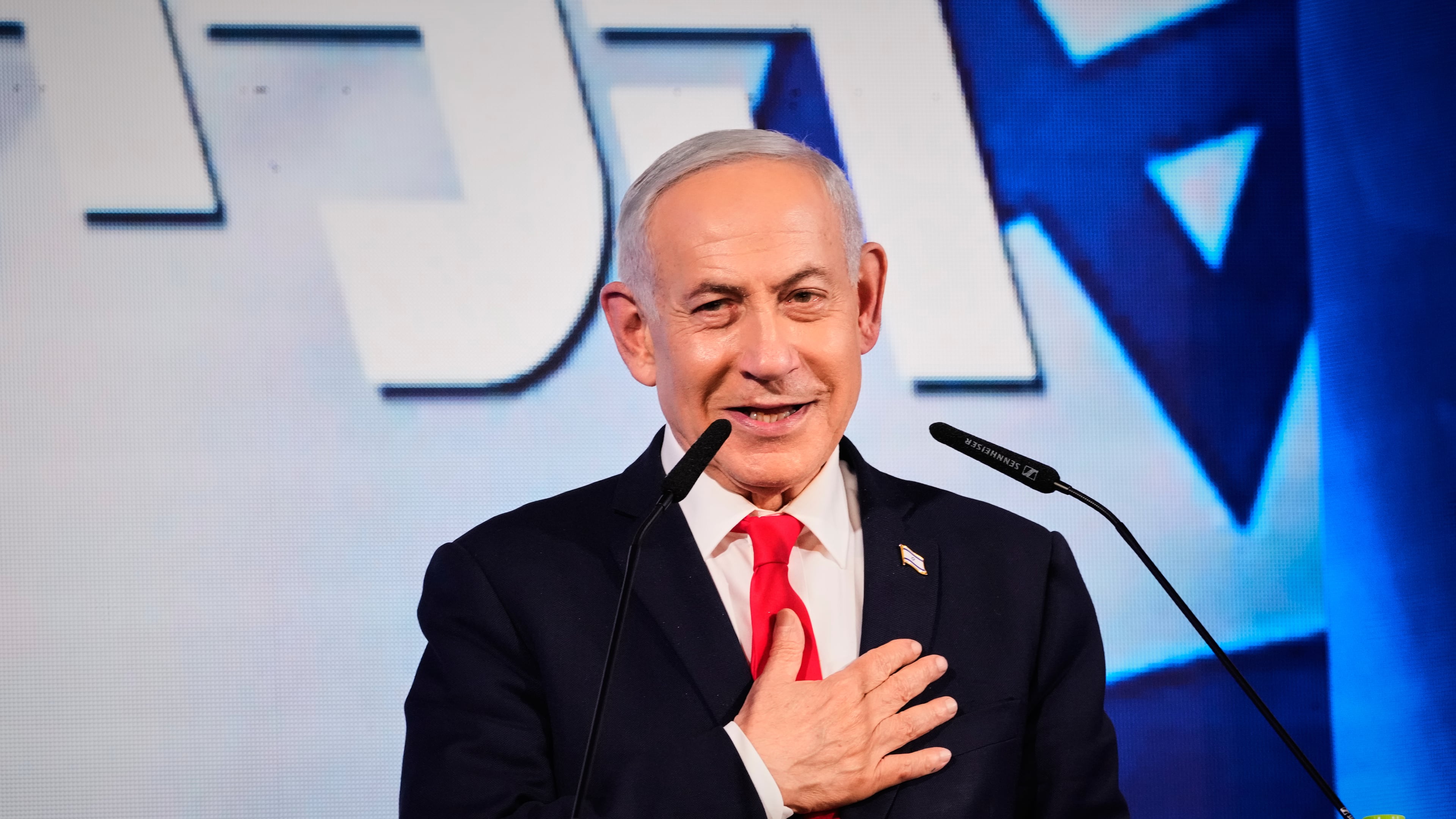 Israeli Prime Minister Benjamin Netanyahu speaks to his supporters at Likud party headquarters in Jerusalem after the release of the first exit poll results in Israel's general election, Wednesday, Oct. 28, 2026. (AP Photo/Ohad Zwigenberg)