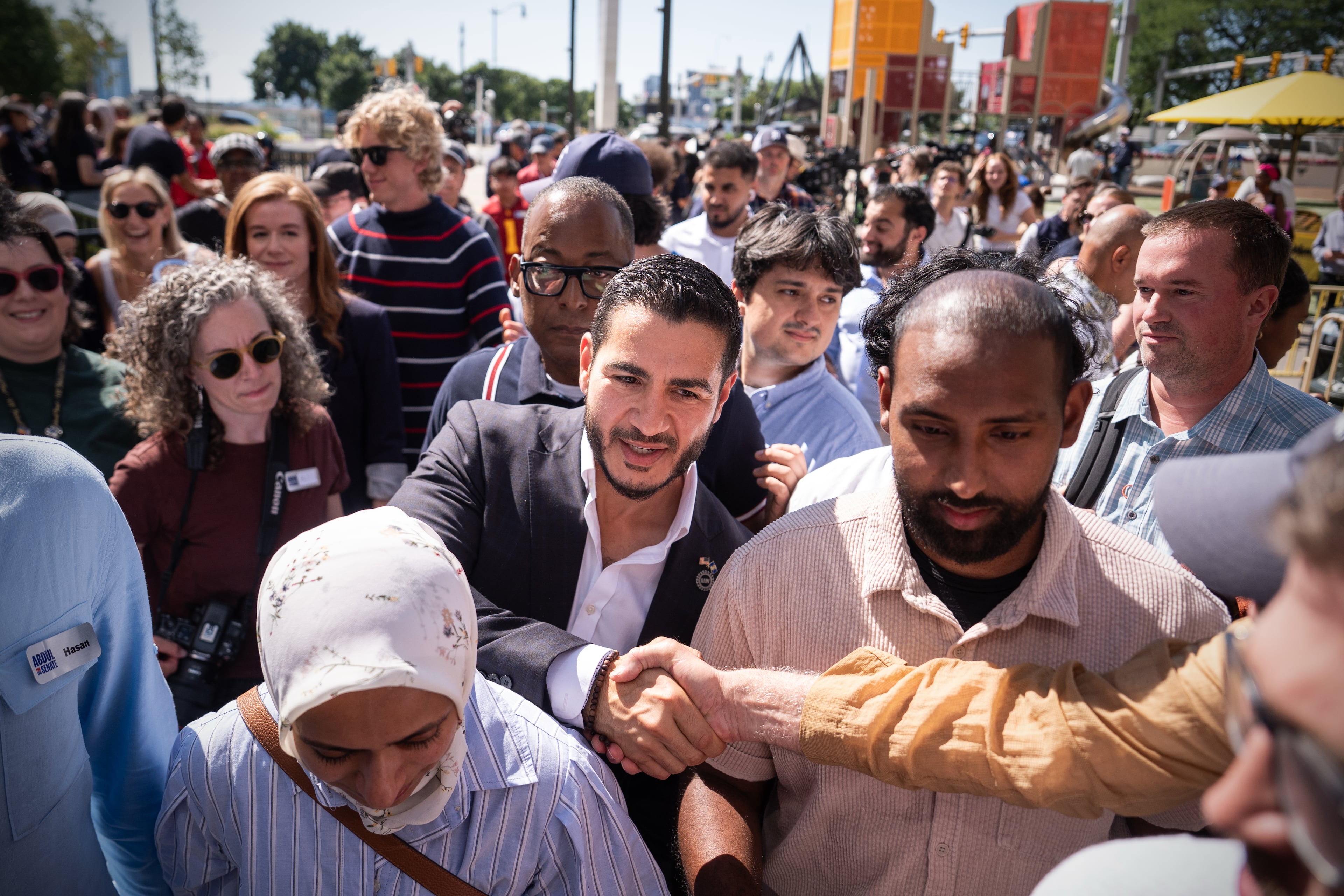 Abdul El-Sayed leaves a news conference at the Spirit of Detroit after winning the Democratic nomination for U.S. Senate in Michigan on Wednesday. (Julia Demaree Nikhinson/AP)