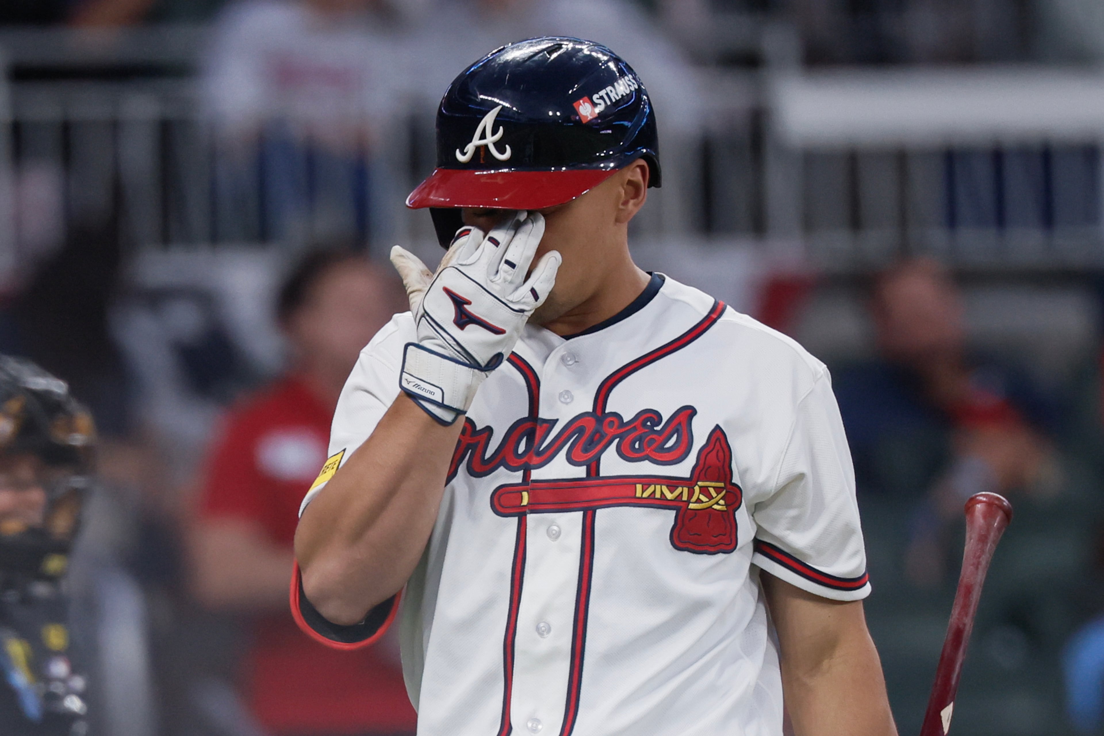 Atlanta Braves designated hitter Drake Baldwin (30) reacts after striking out during the fourth inning of Game 4 of the MLB National League Division Series between the Atlanta Braves and the Los Angeles Dodgers, Wednesday, Oct. 7, 2026, in Atlanta. (Miguel Martinez/AJC)
