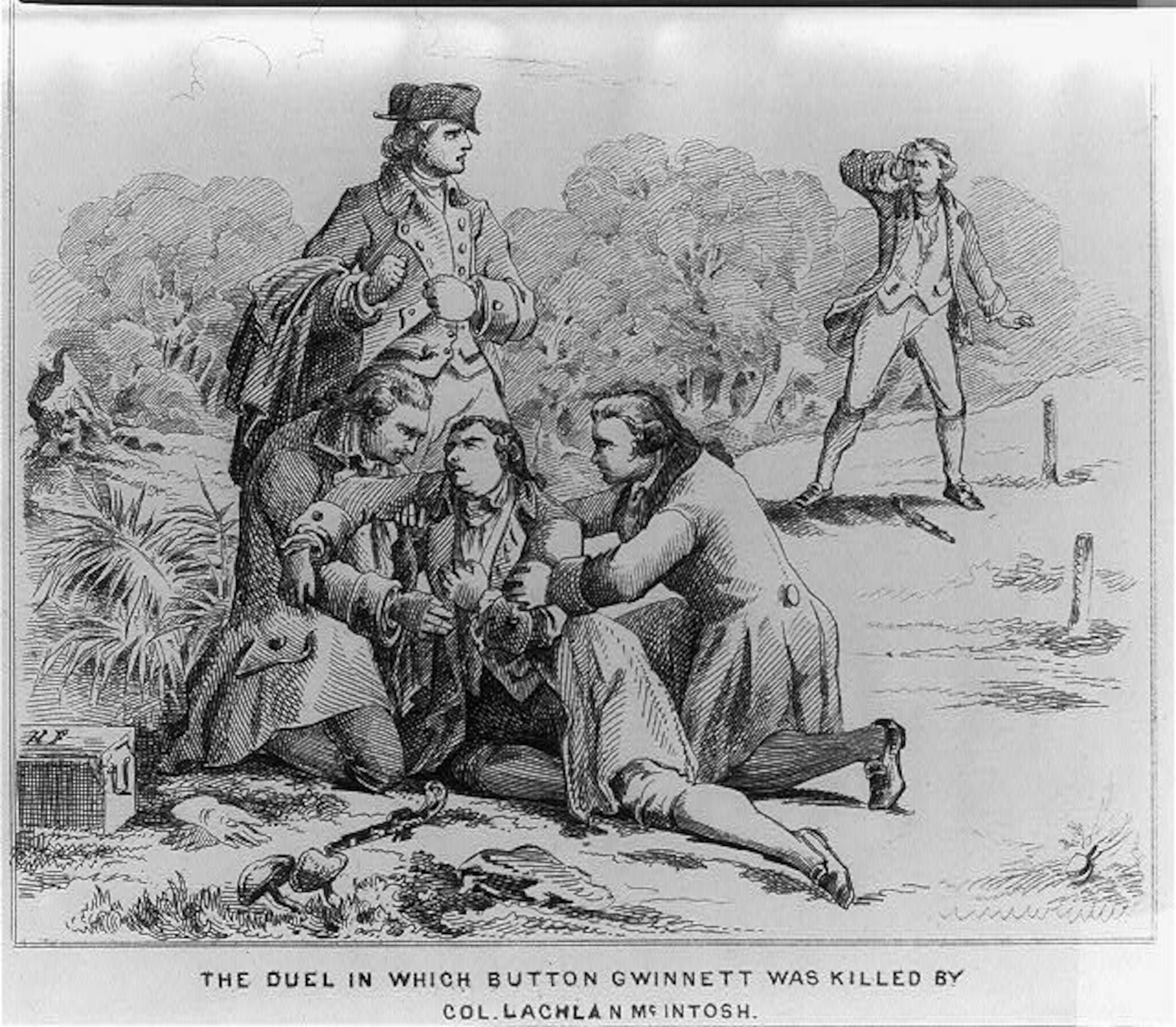 Button Gwinnett was shot in the leg during a pistol duel with a rival, Gen. Lachlan McIntosh, less than a year after Gwinnett signed the Declaration of Independence. He would die from his wound. (Courtesy of the Library of Congress)