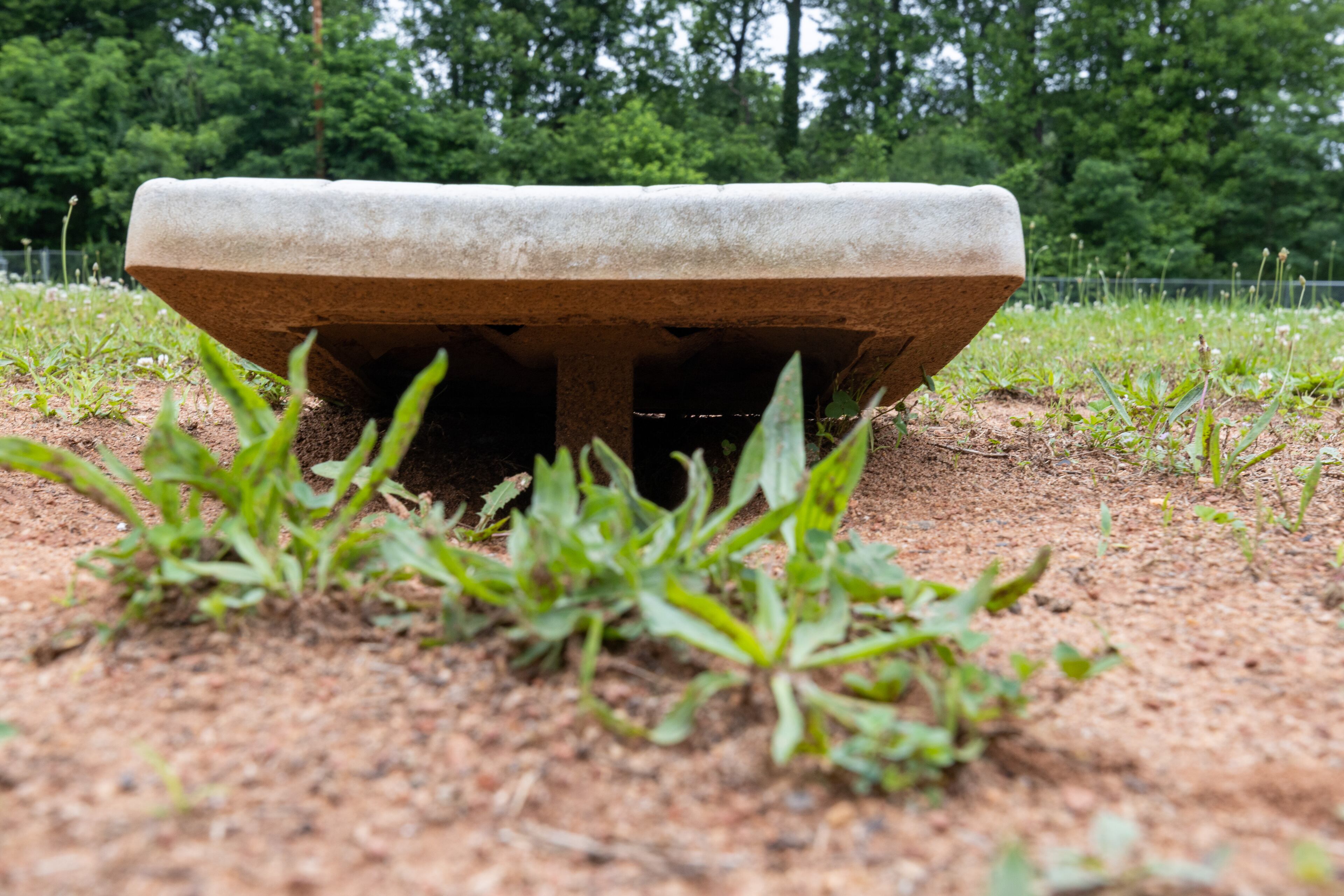 Another base remains on the infield but it is unattached. (Steve Schaefer/steve.schaefer@ajc.com)