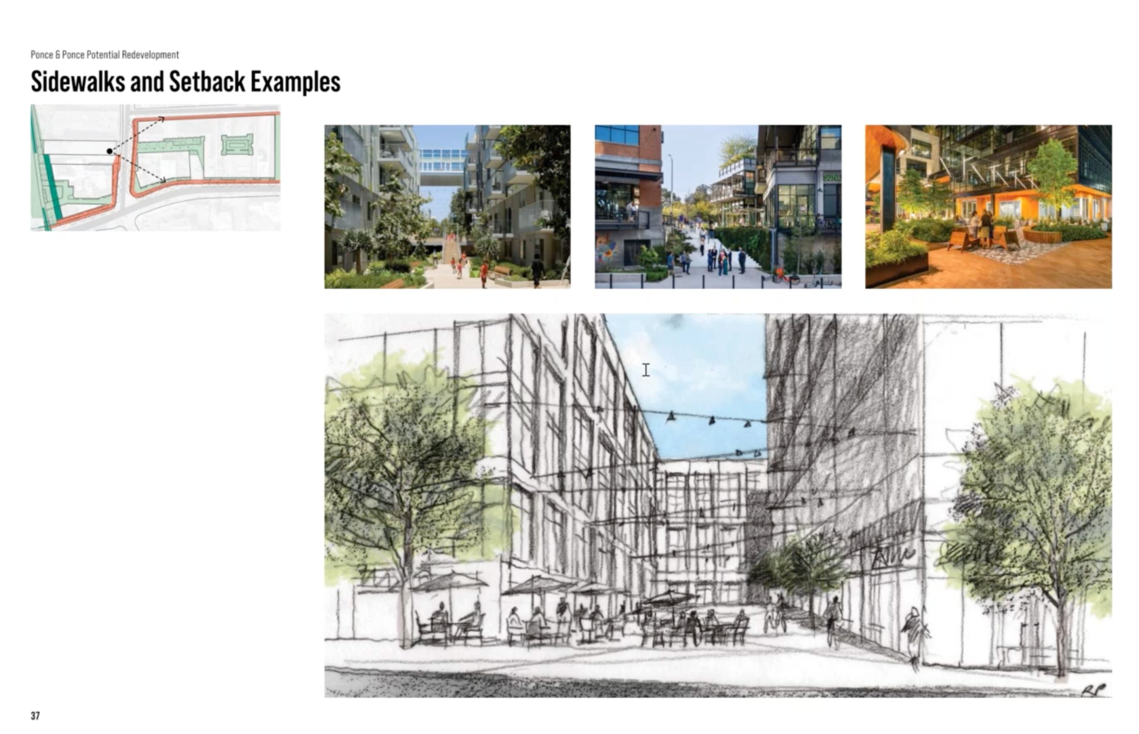 This is a drawing to show how Portman Holdings envisions incorporating gathering spaces and pedestrian access at Ponce & Ponce.