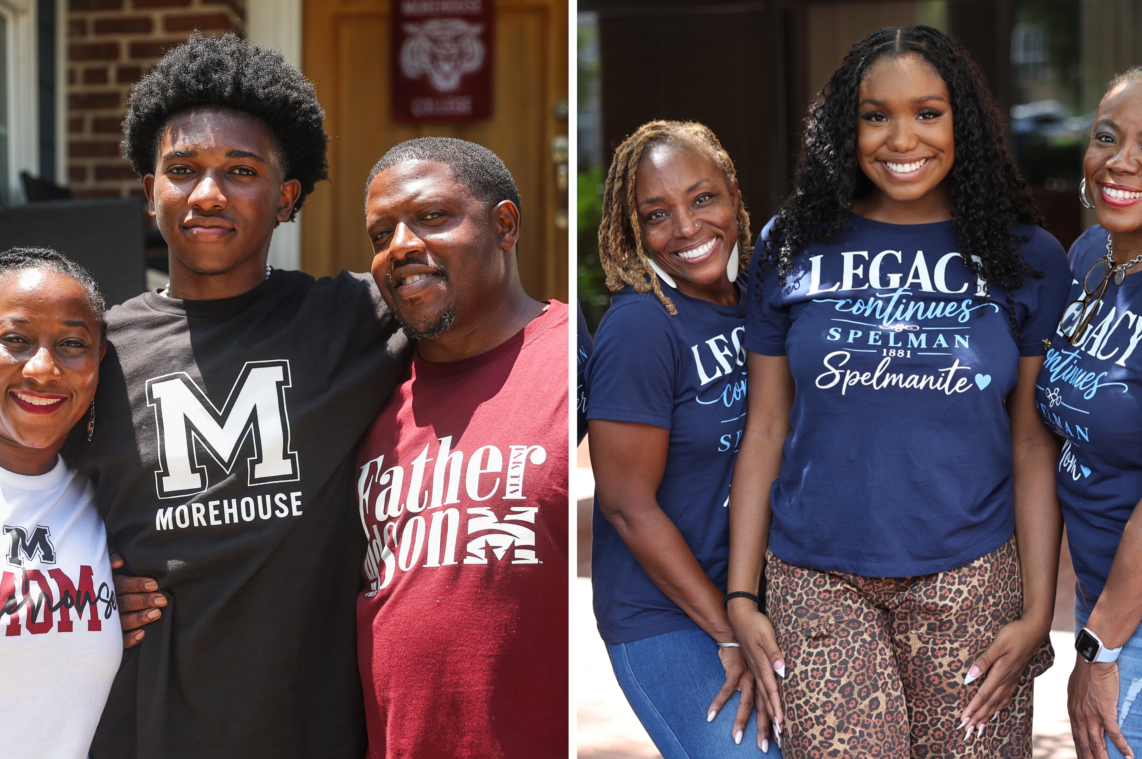 At left, first-year Morehouse student Evan Parker (center) poses with mother Keilani Parker (left) and father Sarquis Parker (right) at Evan’s graduation party outside of their Atlanta home on Sunday, Aug. 2, 2026. At right, first-year Spelman Brooke Spiva (center) poses with aunt Tenaya Watson (left) and mother Yolanda Watson Spiva (right) on Spiva’s move-in day at Spelman College on Aug. 11, 2026. (Abbey Cutrer/AJC; Arvin Temkar/AJC)