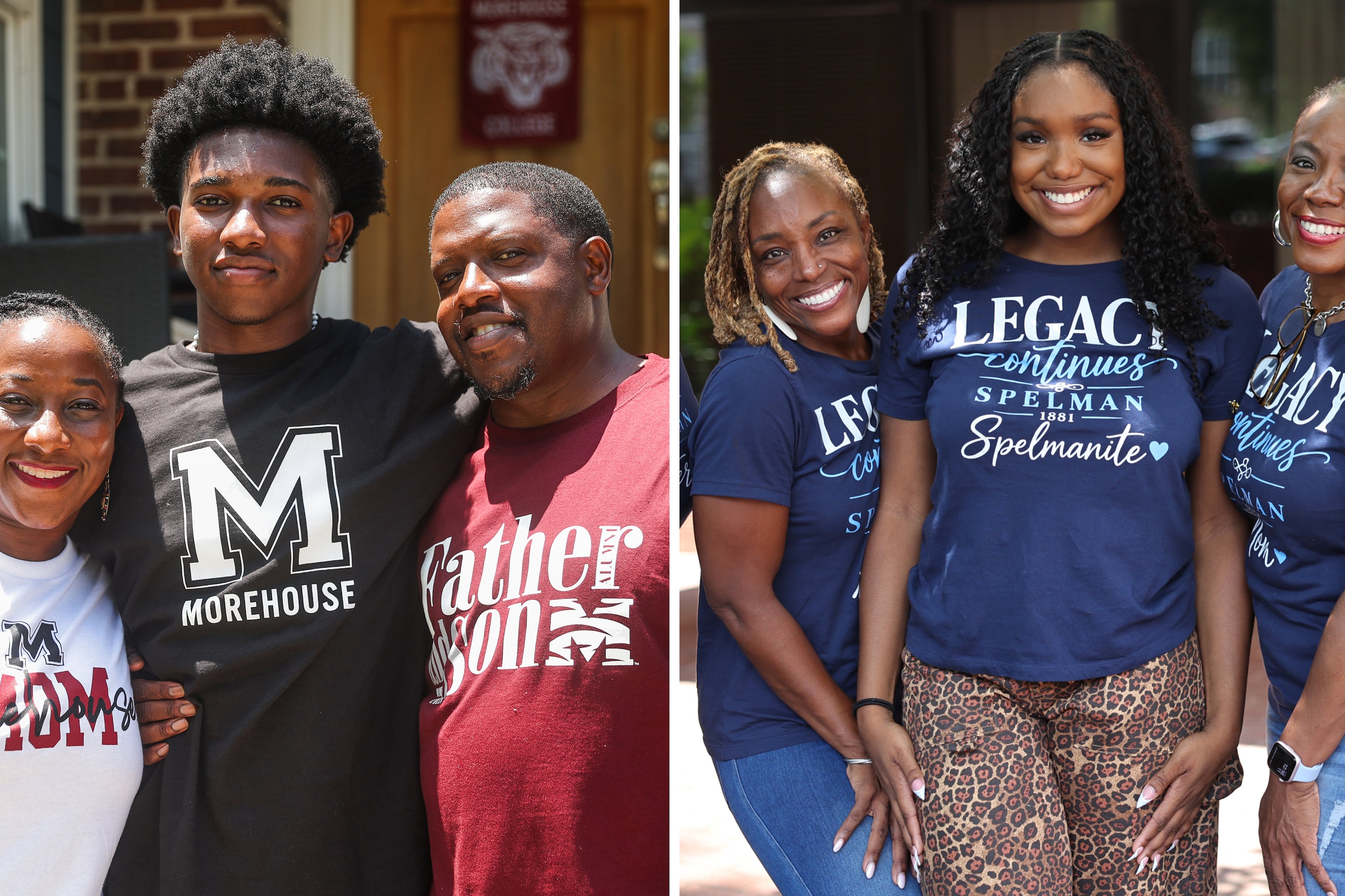 At left, first-year Morehouse student Evan Parker (center) poses with mother Keilani Parker (left) and father Sarquis Parker (right) at Evan’s graduation party outside of their Atlanta home on Sunday, Aug. 2, 2026. At right, first-year Spelman Brooke Spiva (center) poses with aunt Tenaya Watson (left) and mother Yolanda Watson Spiva (right) on Spiva’s move-in day at Spelman College on Aug. 11, 2026. (Abbey Cutrer/AJC; Arvin Temkar/AJC)