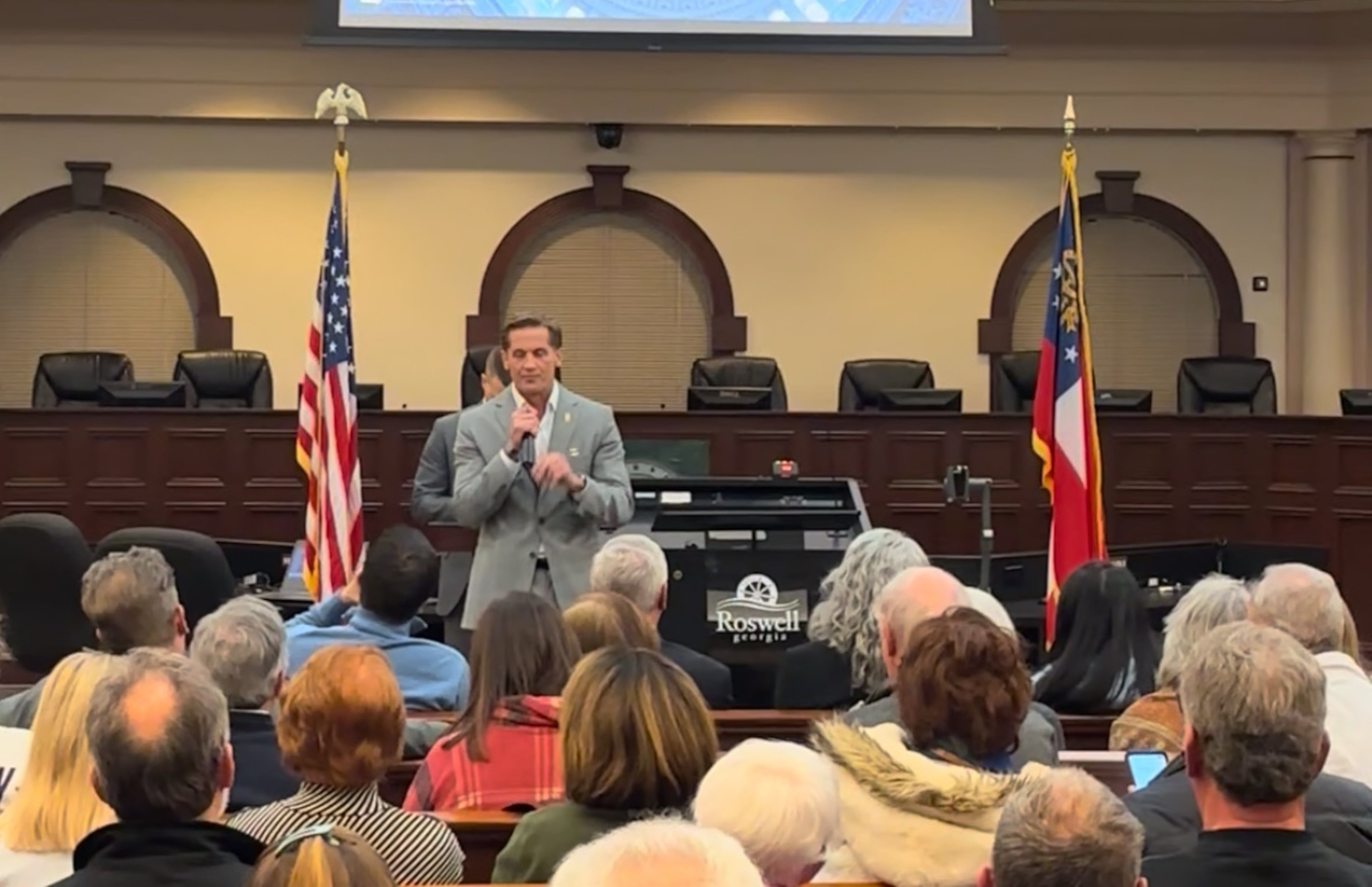 U.S. Rep. Rich McCormick was booed and jeered throughout a raucous town hall on Feb. 20, 2025. Greg Bluestein/AJC.