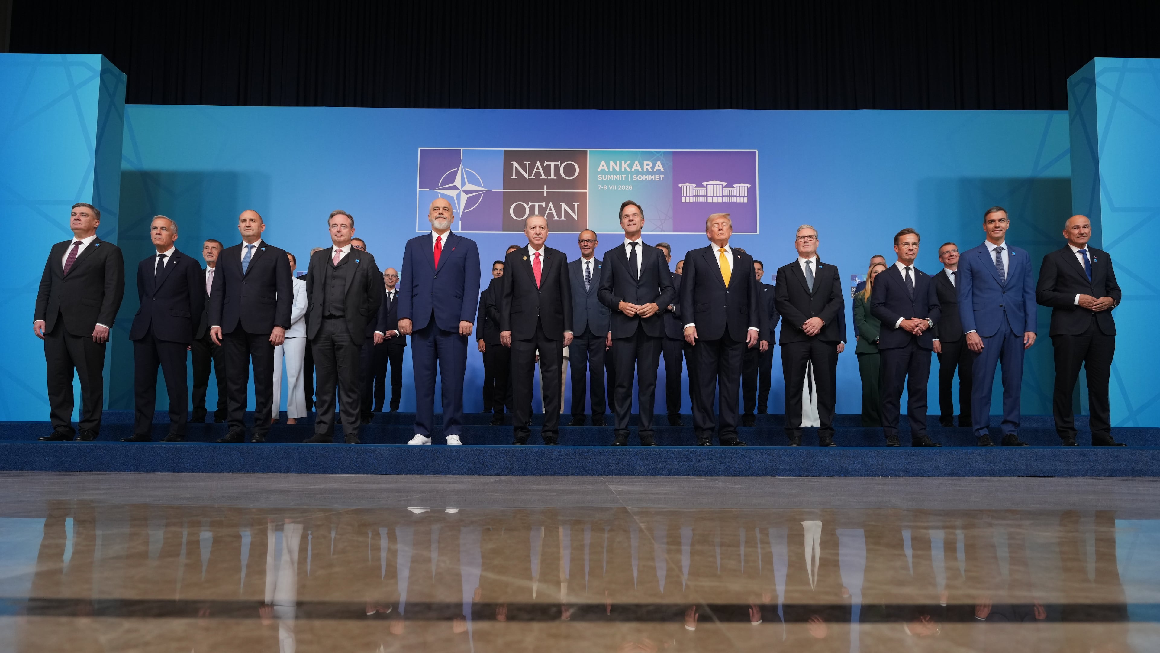 Leaders including NATO Secretary General Mark Rutte, President Donald Trump, and Turkish President Recep Tayyip Erdogan pose for a photo during the NATO summit in Ankara, Turkey, Wednesday, July 8, 2026. (AP Photo/Alex Brandon)