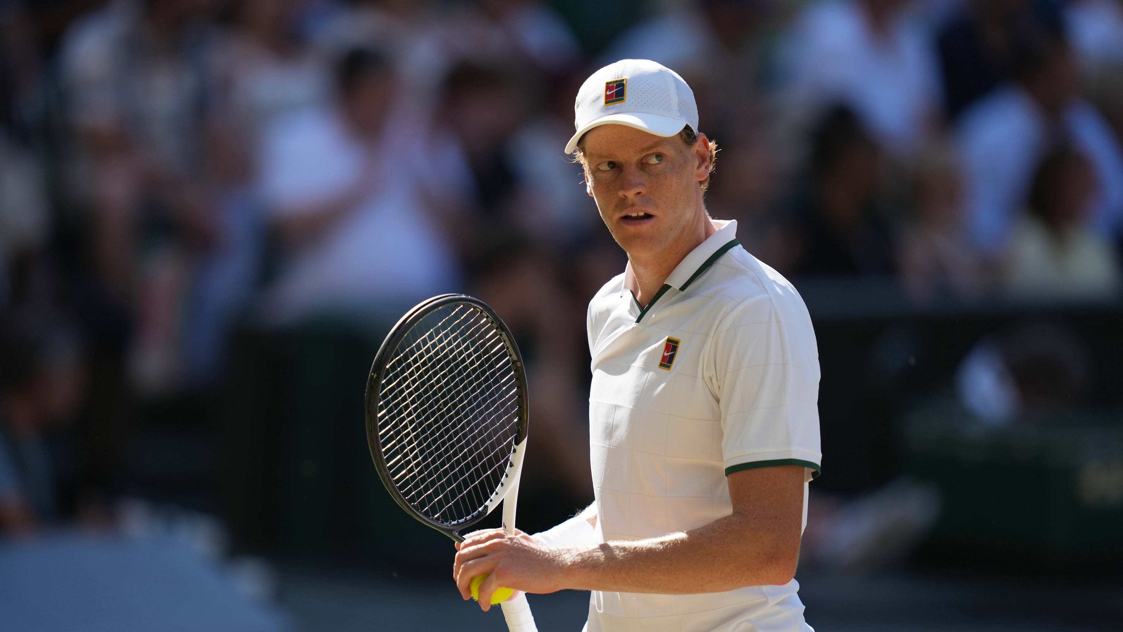 FILE - Jannik Sinner, of Italy, celebrates a point against Alexander Zverev, of Germany, in the men's singles final at Wimbledon Tennis Championships in London, July 12, 2026. (AP Photo/Kirsty Wigglesworth, File)