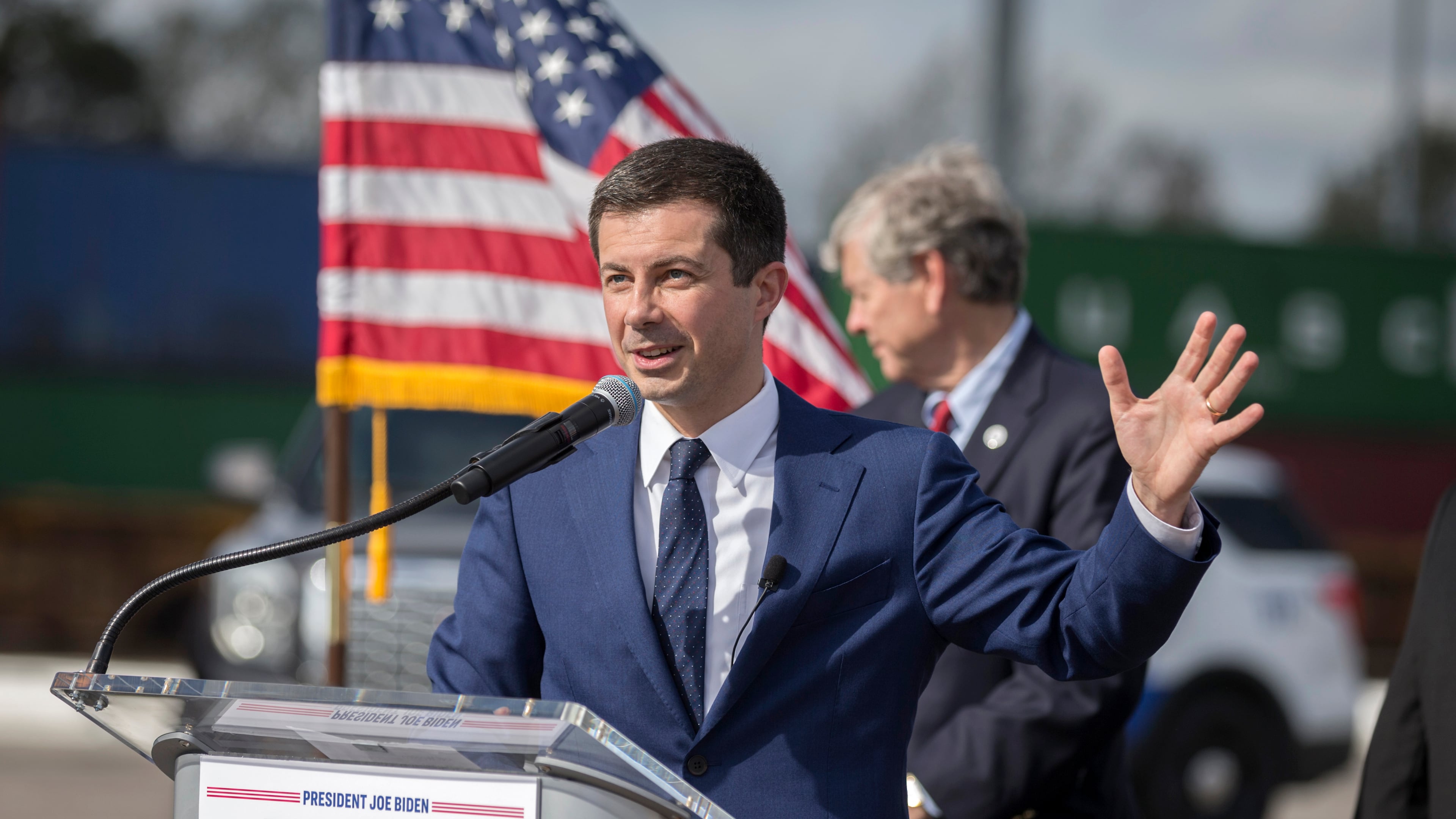 Then-U.S. Transportation Secretary Pete Buttigieg speaks to the media during his visit to Savannah in 2021. (Stephen B. Morton/AJC)