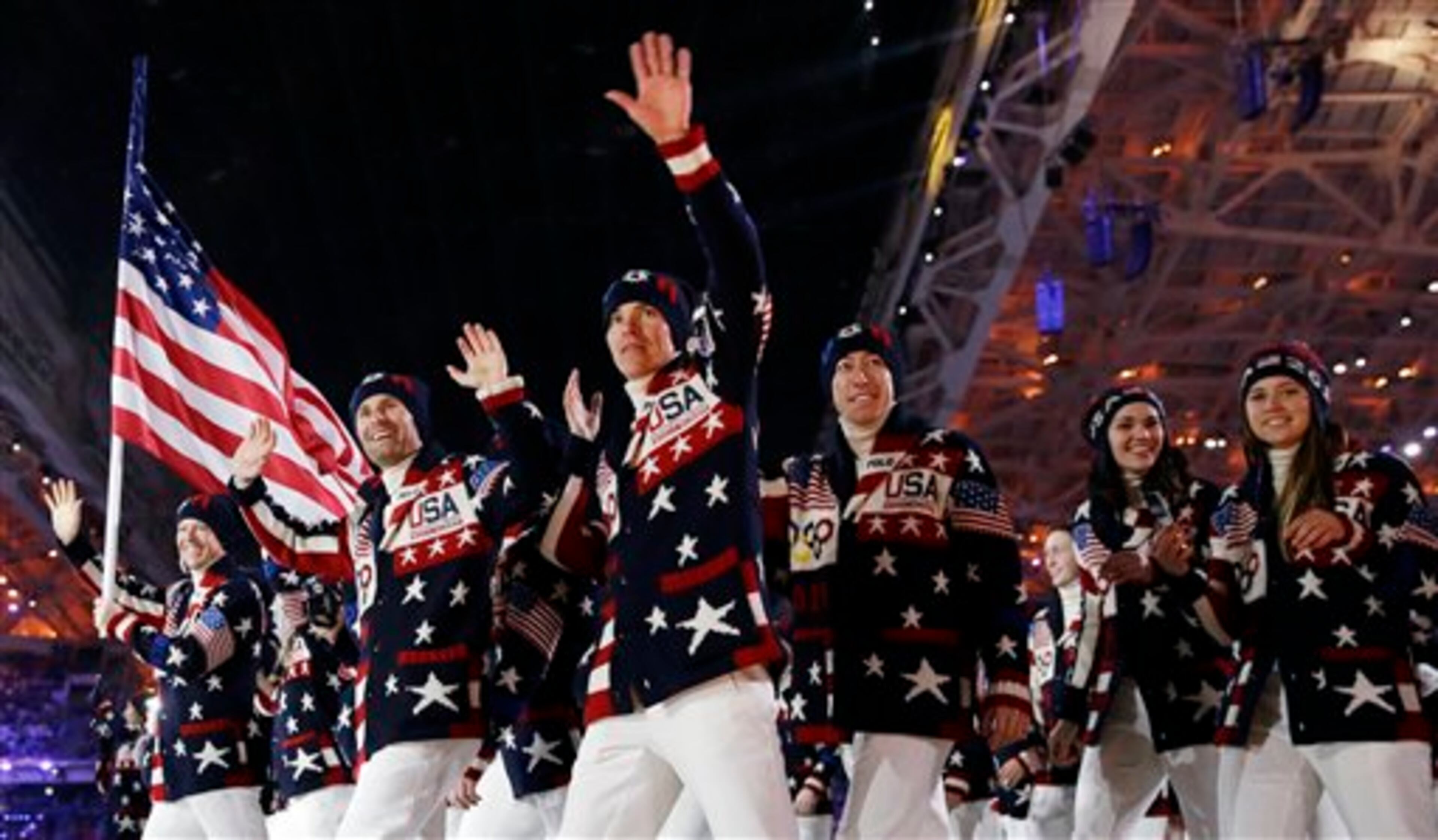 The United States team arrives during the opening ceremony of the 2014 Winter Olympics in Sochi, Russia, Friday, Feb. 7, 2014. (AP Photo/Patrick Semansky)