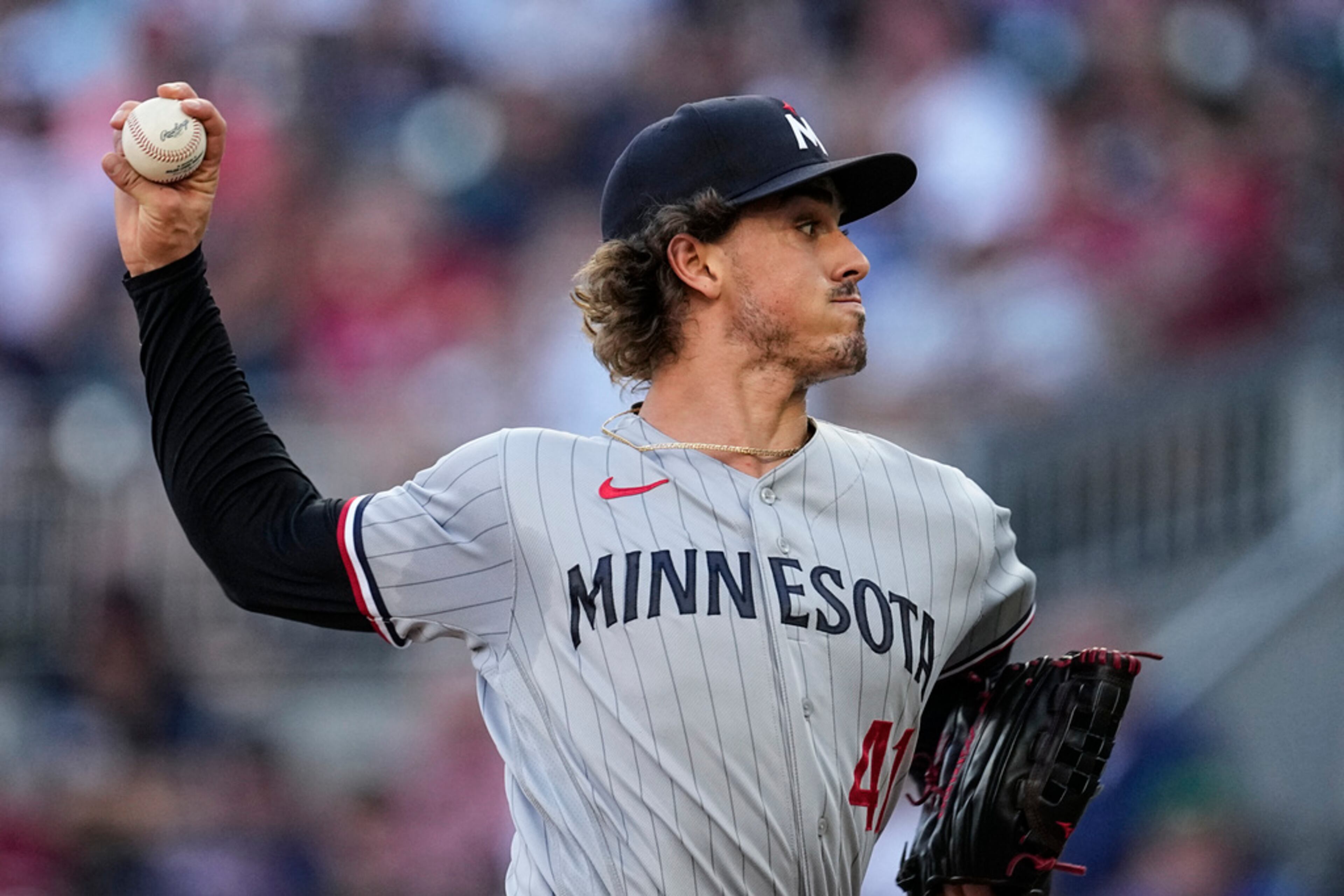 Minnesota Twins starting pitcher Joe Ryan (41) works against the Atlanta Braves in the first inning of a baseball game Tuesday, June 27, 2023, in Atlanta. (AP Photo/John Bazemore)