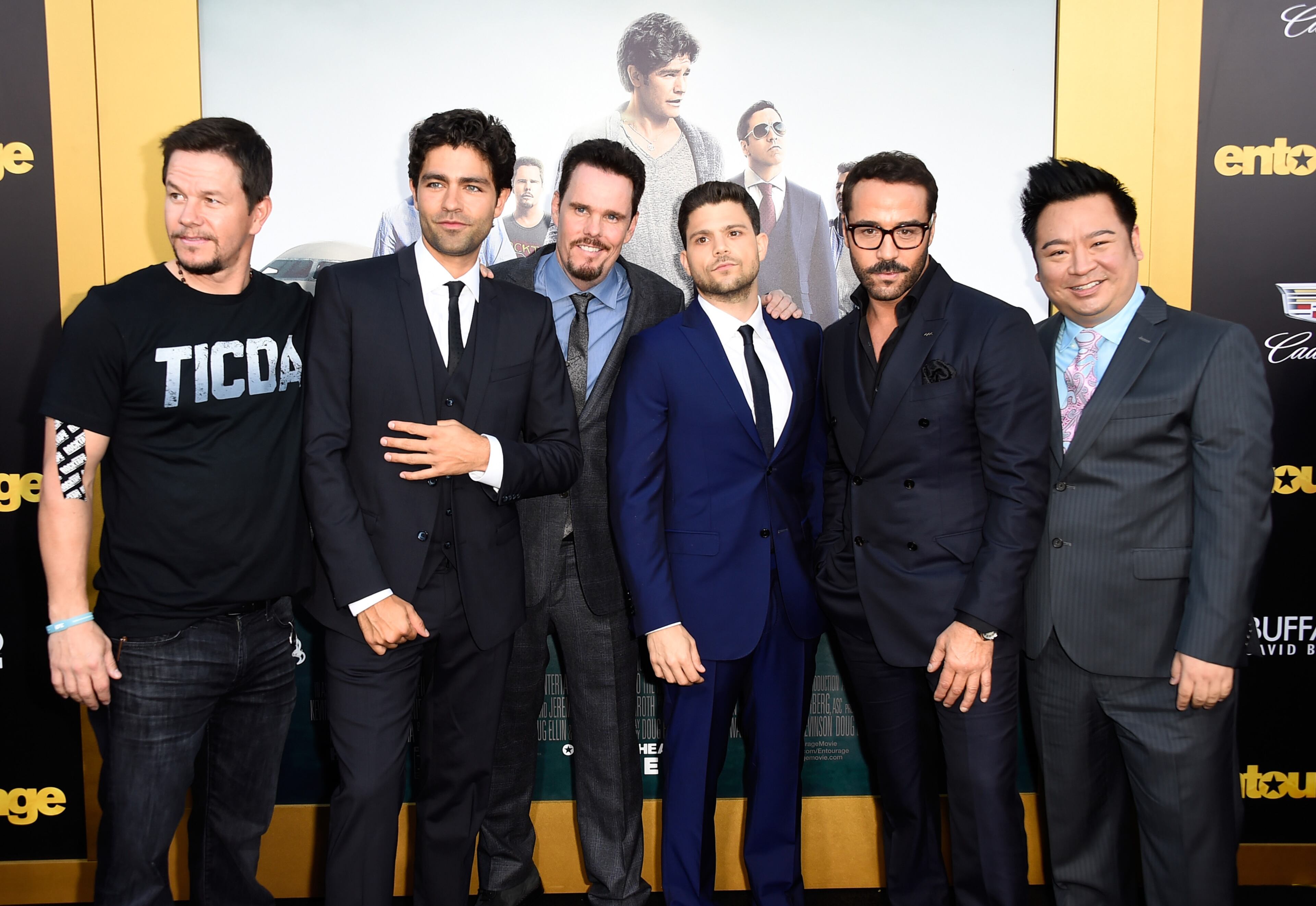 WESTWOOD, CA - JUNE 01: (L-R) Actor/producer Mark Wahlberg and actors Adrian Grenier, Kevin Dillon, Jerry Ferrara, Jeremy Piven and Rex Lee attend the premiere of Warner Bros. Pictures' "Entourage" at Regency Village Theatre on June 1, 2015 in Westwood, California. (Photo by Frazer Harrison/Getty Images)