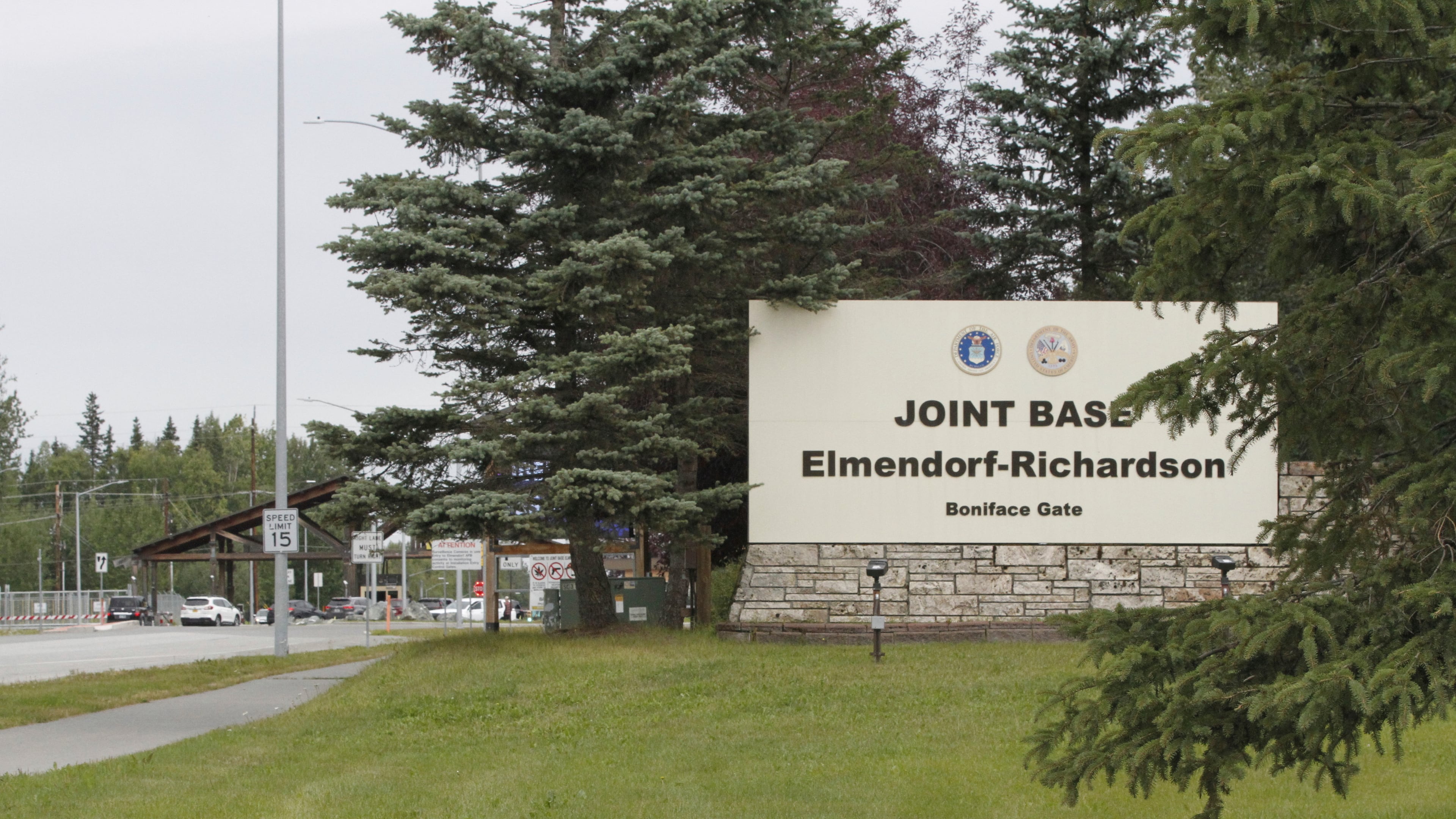 FILE - A sign marks the entrance to Joint Base Elmendorf-Richardson in Anchorage, Alaska, Wednesday, Aug. 13, 2025. (AP Photo/Mark Thiessen,File)