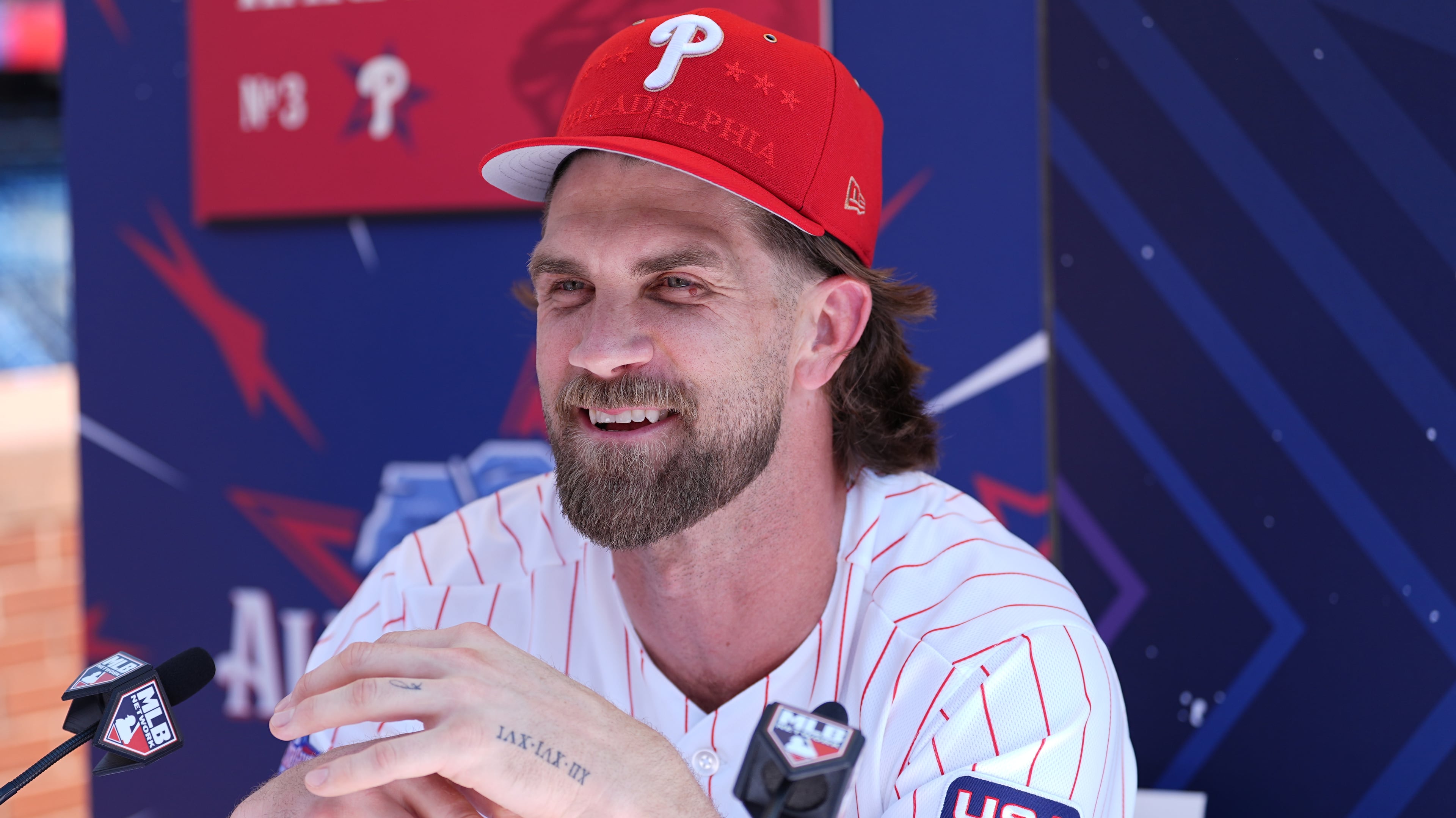 Philadelphia Phillies' Bryce Harper speaks with members of the media during the MLB baseball All-Star Week, Monday, July 13, 2026, in Philadelphia. (AP Photo/Matt Rourke)
