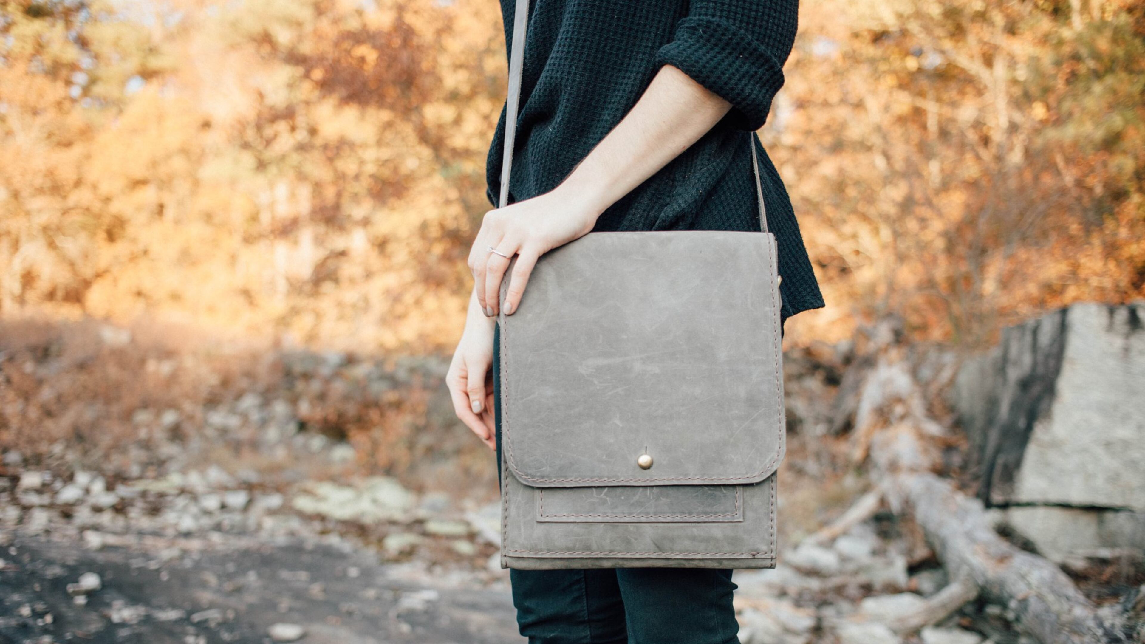 Vertical leather messenger bag from Atlanta-based leather goods brand Margaret Vera.