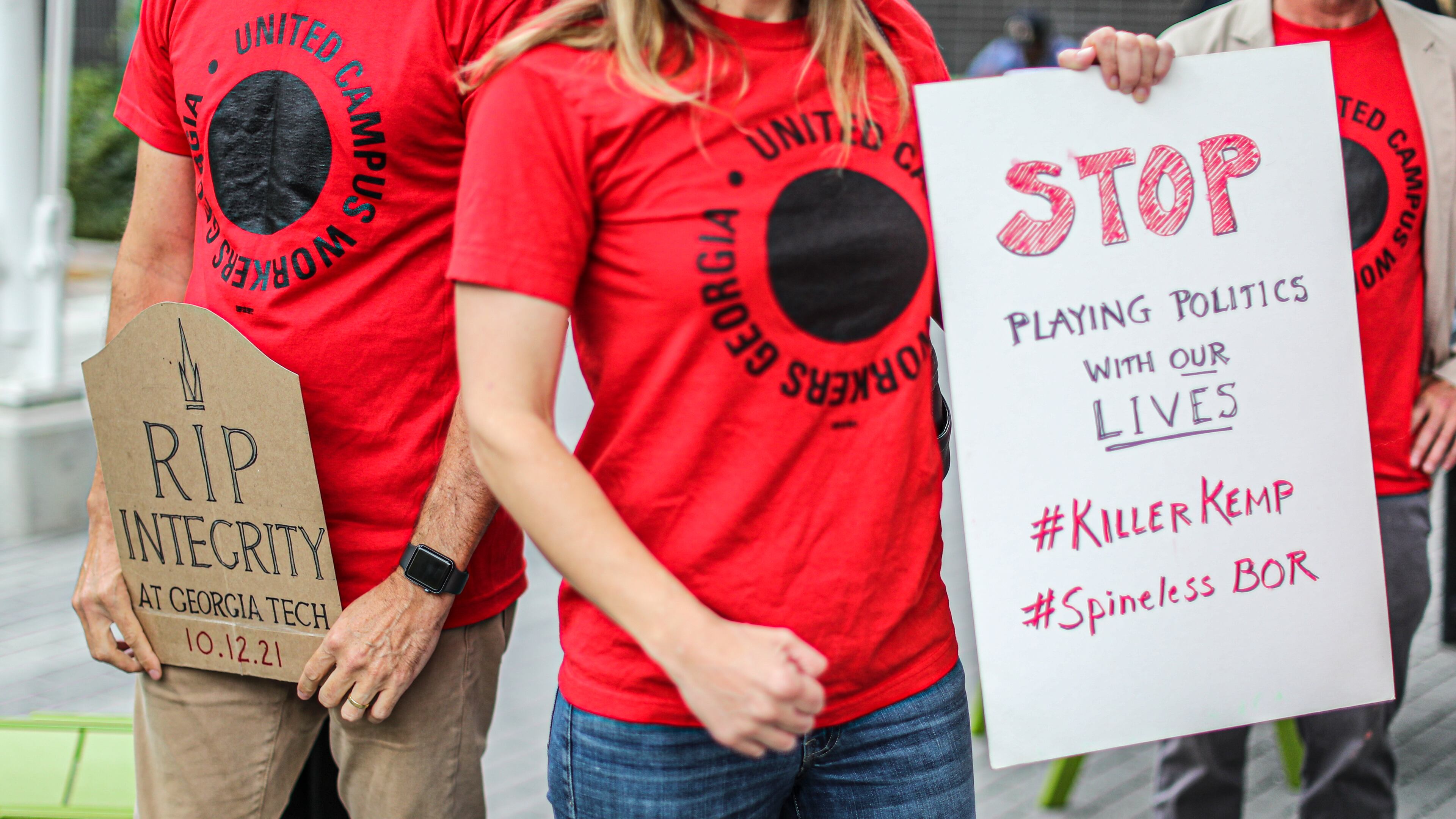 Professors from several Georgia universities rallied Tuesday, Oct. 12, 2021, on the Georgia Tech campus in Atlanta against state policies on COVID-19 and tenure. (John Spink / John.Spink@ajc.com)