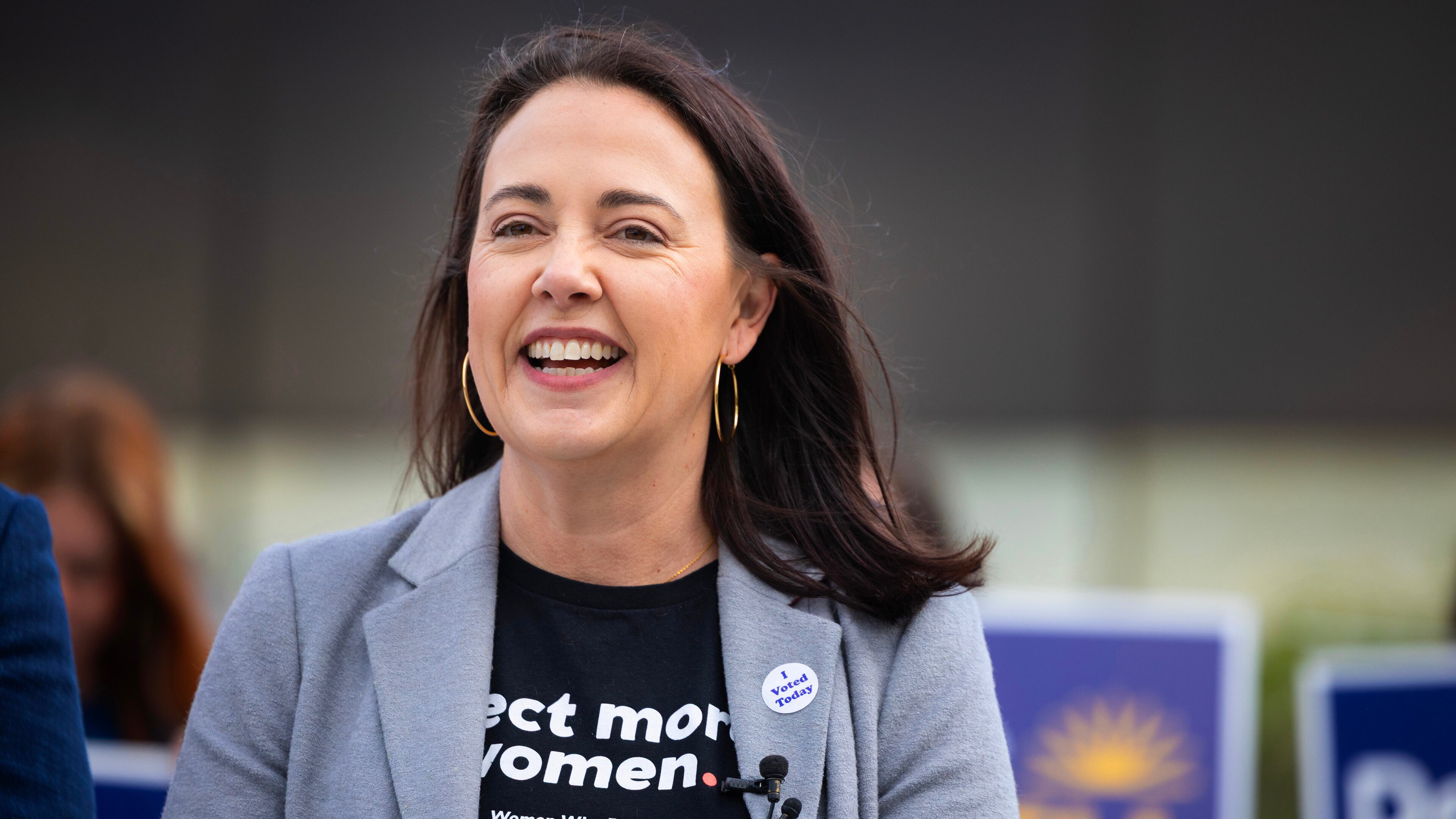 Denise Powell, candidate for the Democratic nomination to the House of Representatives in Nebraska's second district, speaks to the media after casting her ballot in the Nebraska Primary Election at Omaha Community Playhouse Tuesday, May 12, 2026, in Omaha, Neb. (AP Photo/Rebecca S. Gratz)