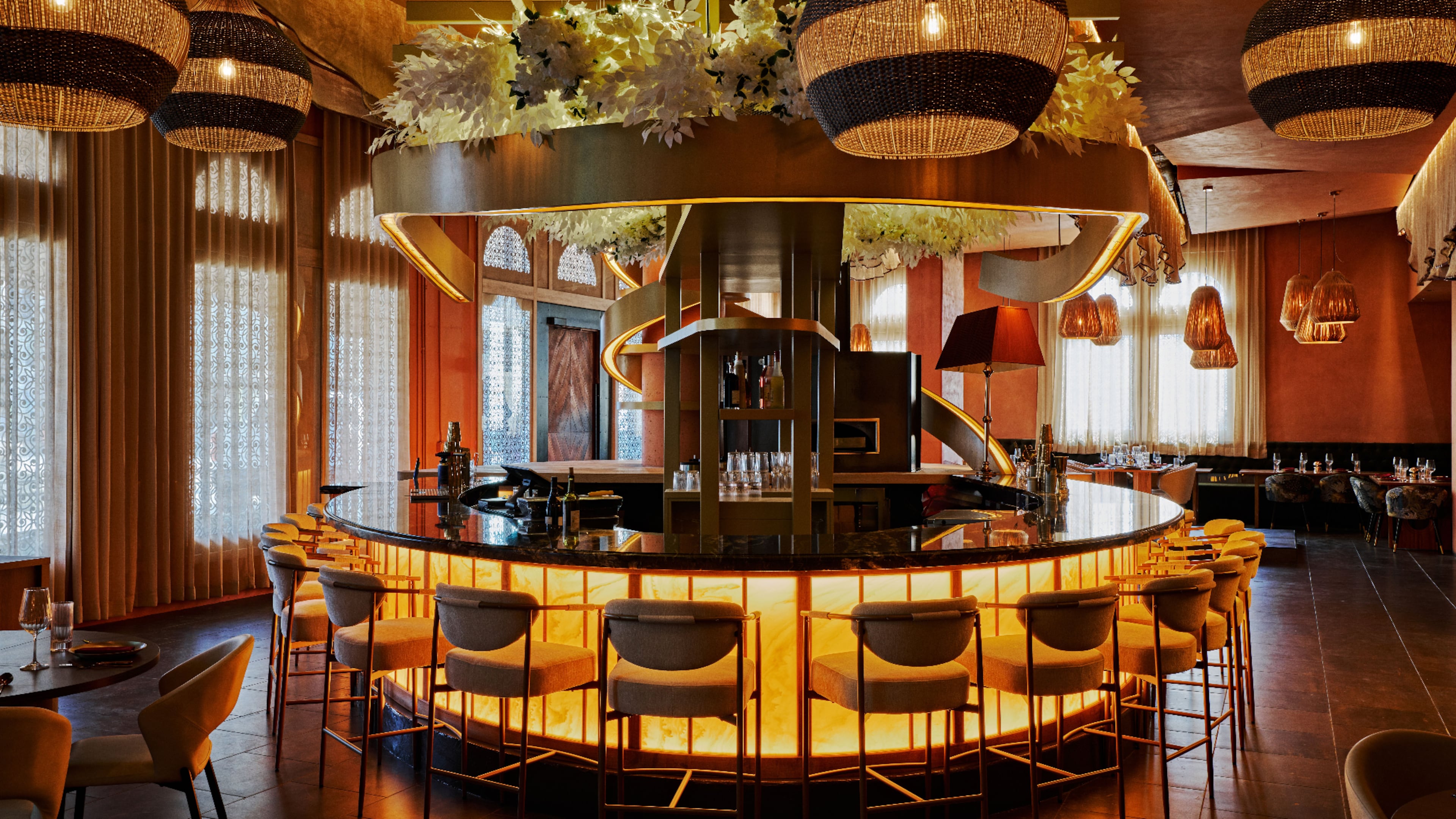 The rounded bar at Ikara, a new fine-dining Indian restaurant in Atlantic Station. (Andrew Thomas Lee, courtesy of Ikara)
