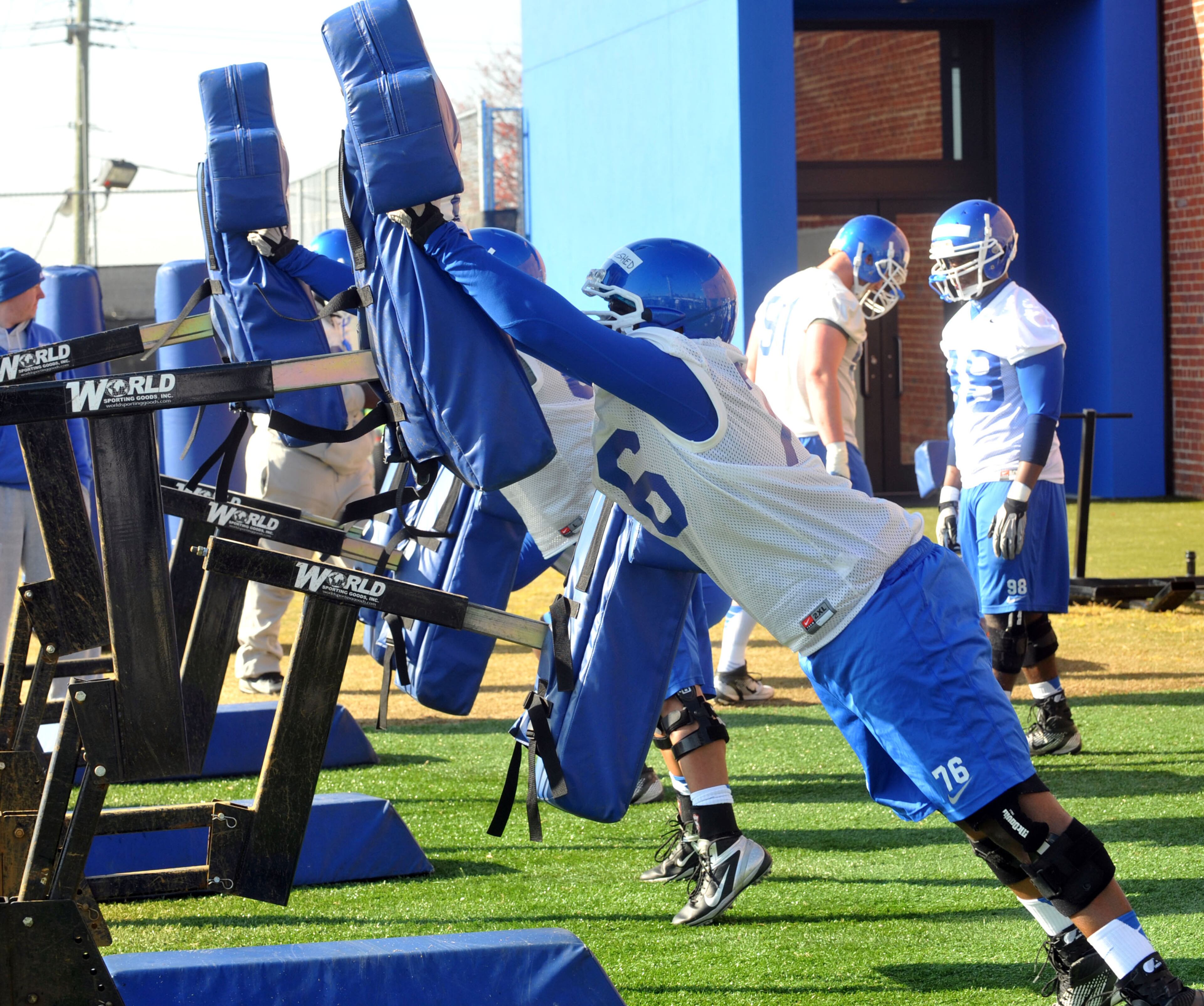Defensive lineman Terry Hollingshead of Norcross, hits the skids during Weds practice. Georgia State opened its first spring practice under new head coach Trent Miles at the GSU Practice Complex in downtown Atlanta Wednesday, March 27, 2013. Wednesday's workout was the first of 15 practices that will culminate with the April 20 Spring Scrimmage, scheduled for 1 p.m. at the Georgia Dome.