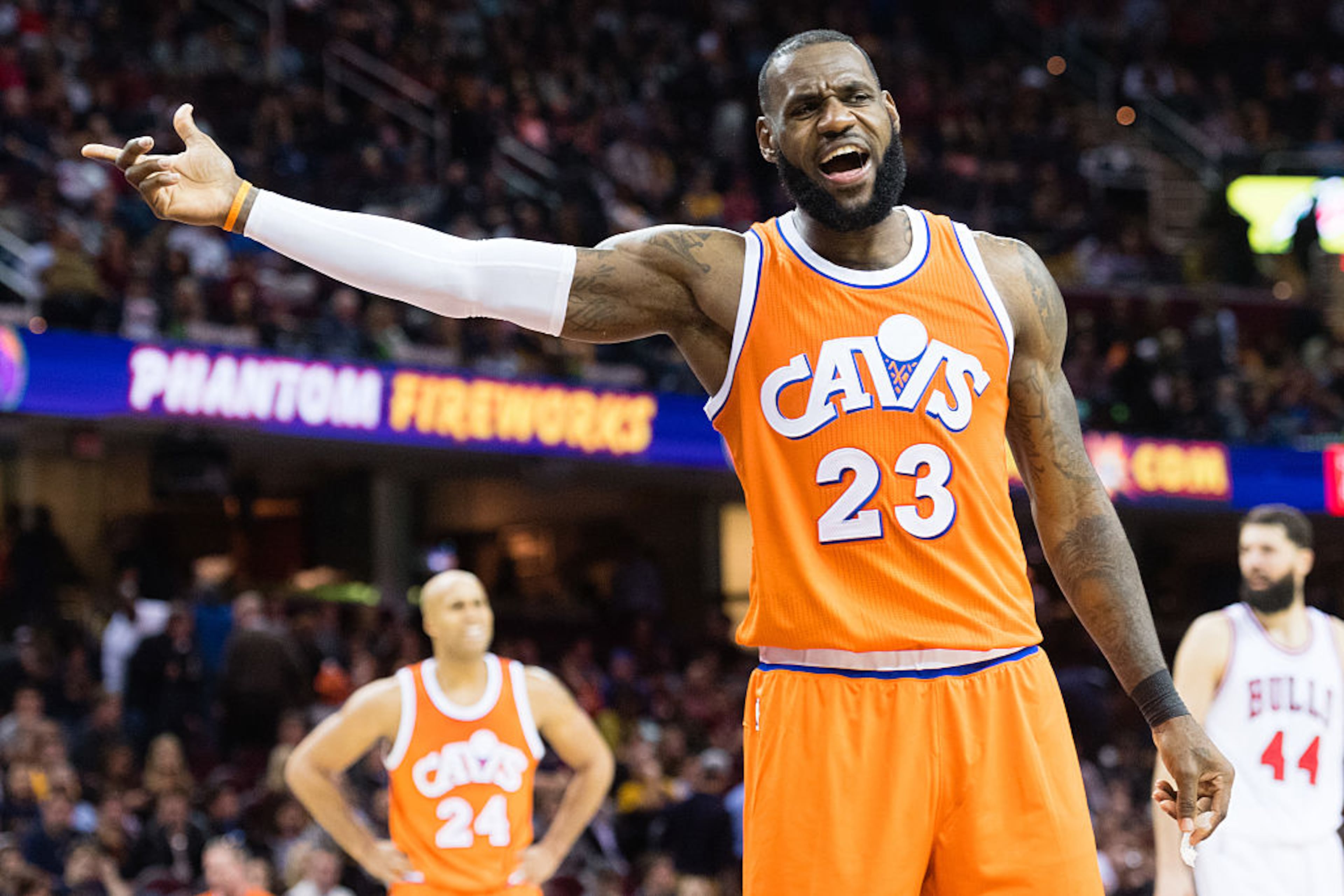 CLEVELAND, OH - JANUARY 4: LeBron James #23 of the Cleveland Cavaliers reacts to a foul call during the second half against the Chicago Bulls at Quicken Loans Arena on January 4, 2017 in Cleveland, Ohio. The Bulls defeated the Cavaliers 106-94. NOTE TO USER: User expressly acknowledges and agrees that, by downloading and/or using this photograph, user is consenting to the terms and conditions of the Getty Images License Agreement. Mandatory copyright notice. (Photo by Jason Miller/Getty Images)