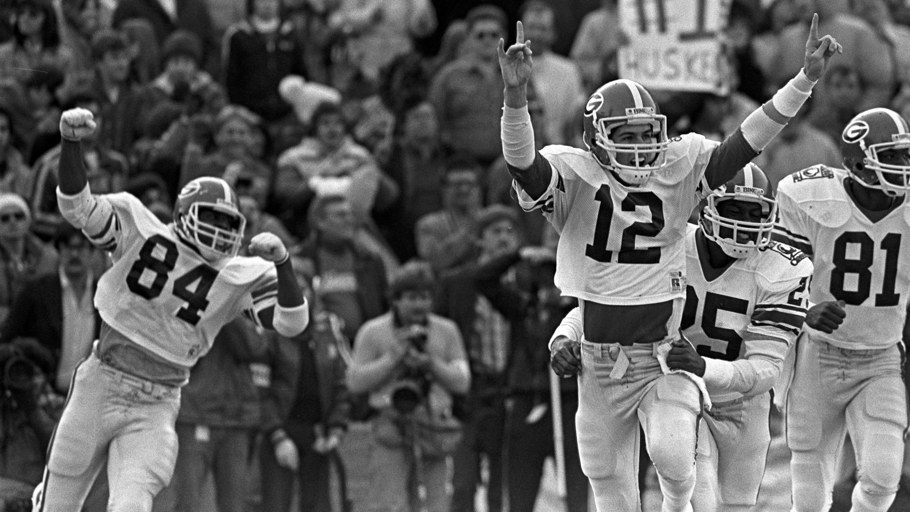 Georgia quarterback John Lastinger celebrates scoring the game-winning TD against Texas in the 1984 Cotton Bowl.